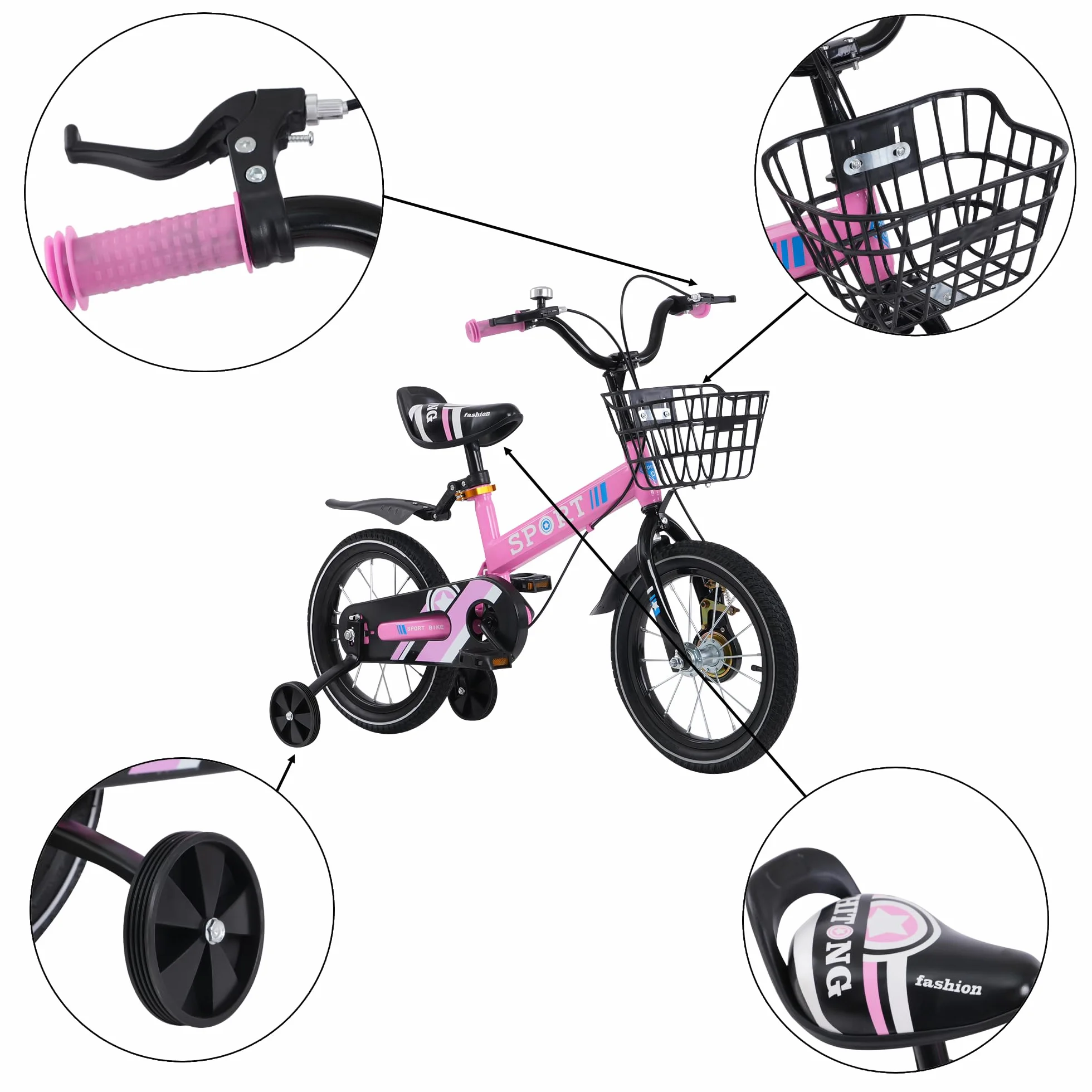 Bike Vélo Enfant avec Roues Stabilisatrices pour Débutant 2 à 8 Ans, Vélos en Acier Carbone avec Pédales et Rétropédalage, Vélo Tout Chemin Fille et Garçon