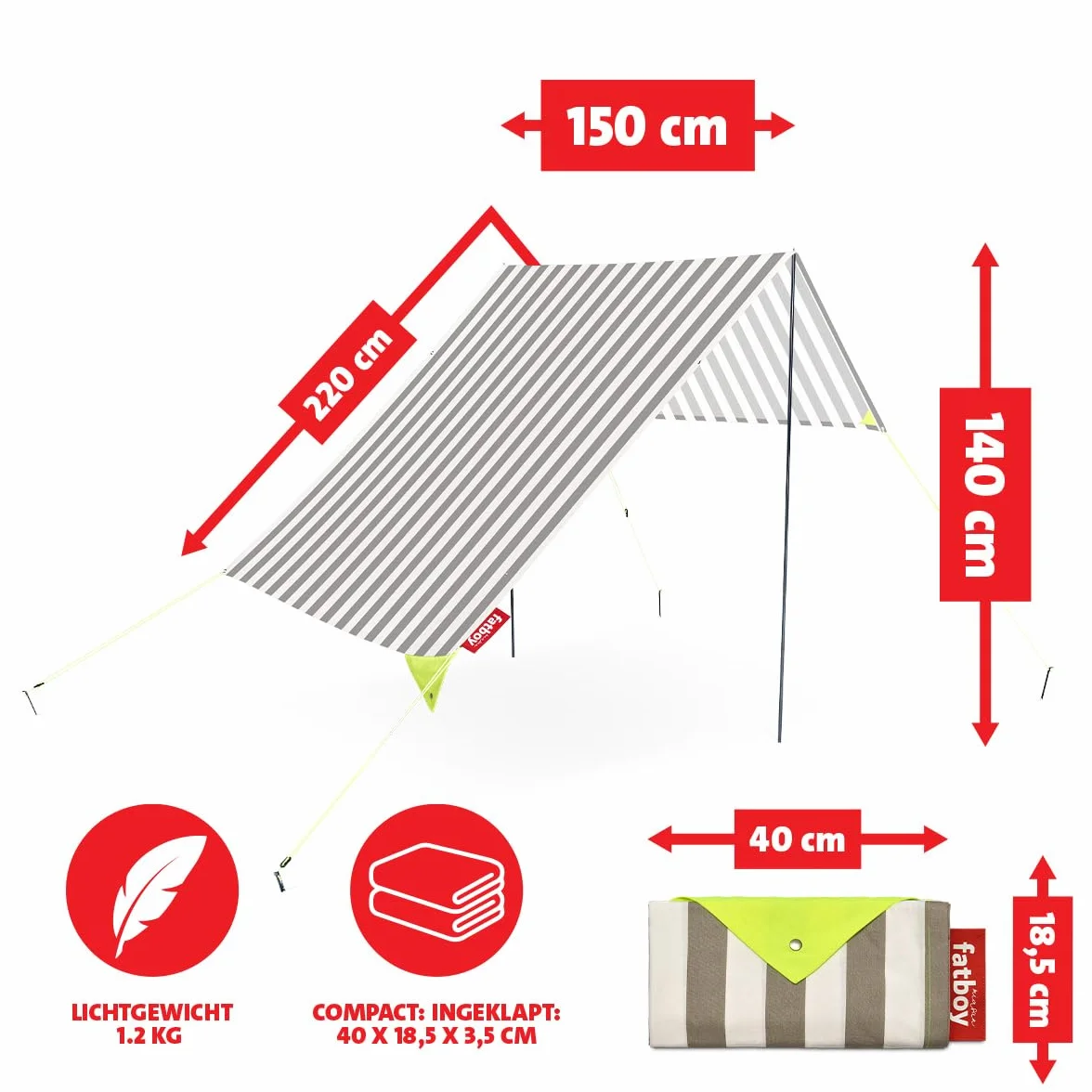 Fatboy Miasun Tente de Plage - Parasol Plage Portable Large avec Support - Tente Enfant - 3 Options d'Installation - Auvent avec Protection Solaire en Coton - 330 x 190 x 140 cm - Biarritz