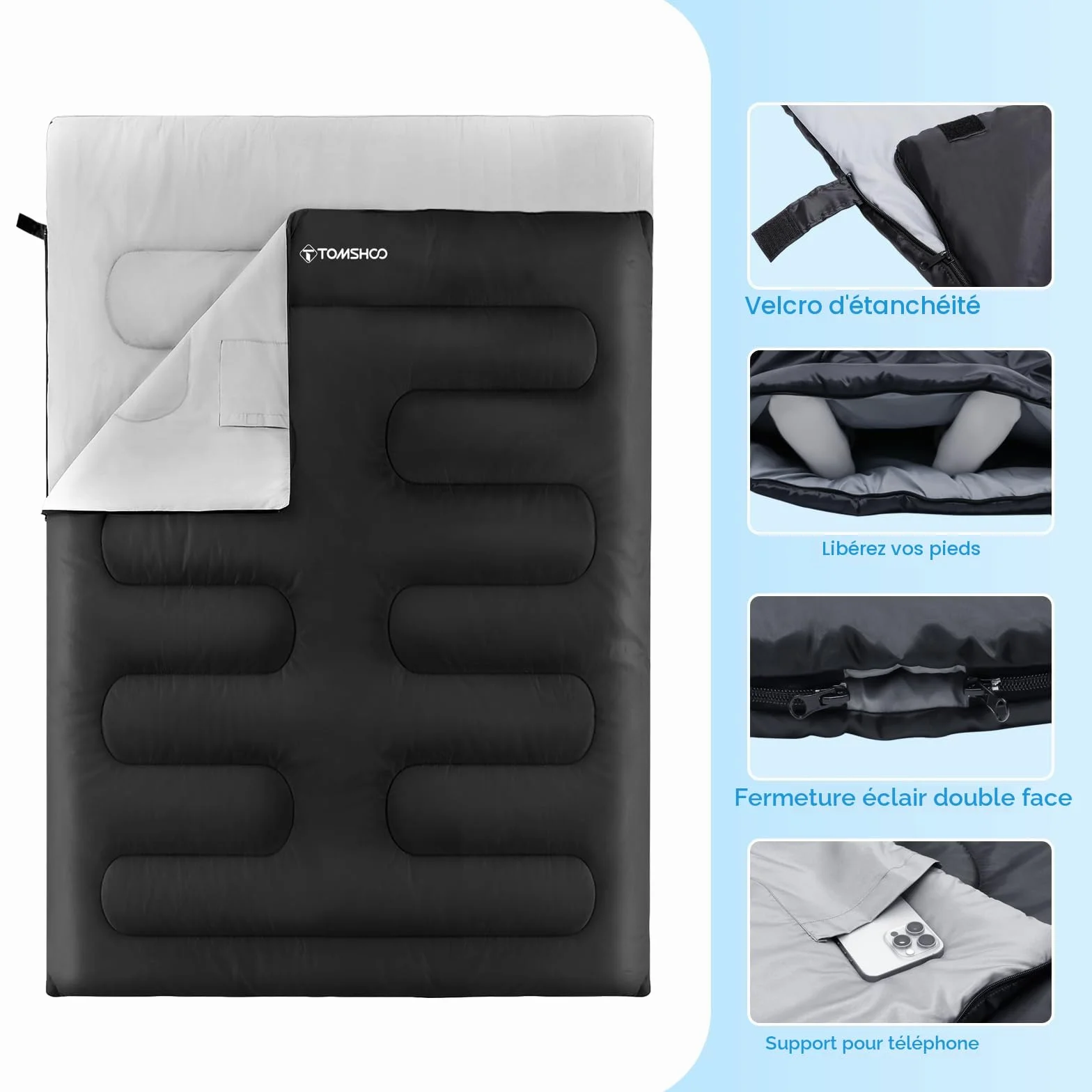 TOMSHOO Sac de Couchage Double 230x160cm Duvet 2 Personnes Rectangulaire Détachable avec 2 Oreillers Camping