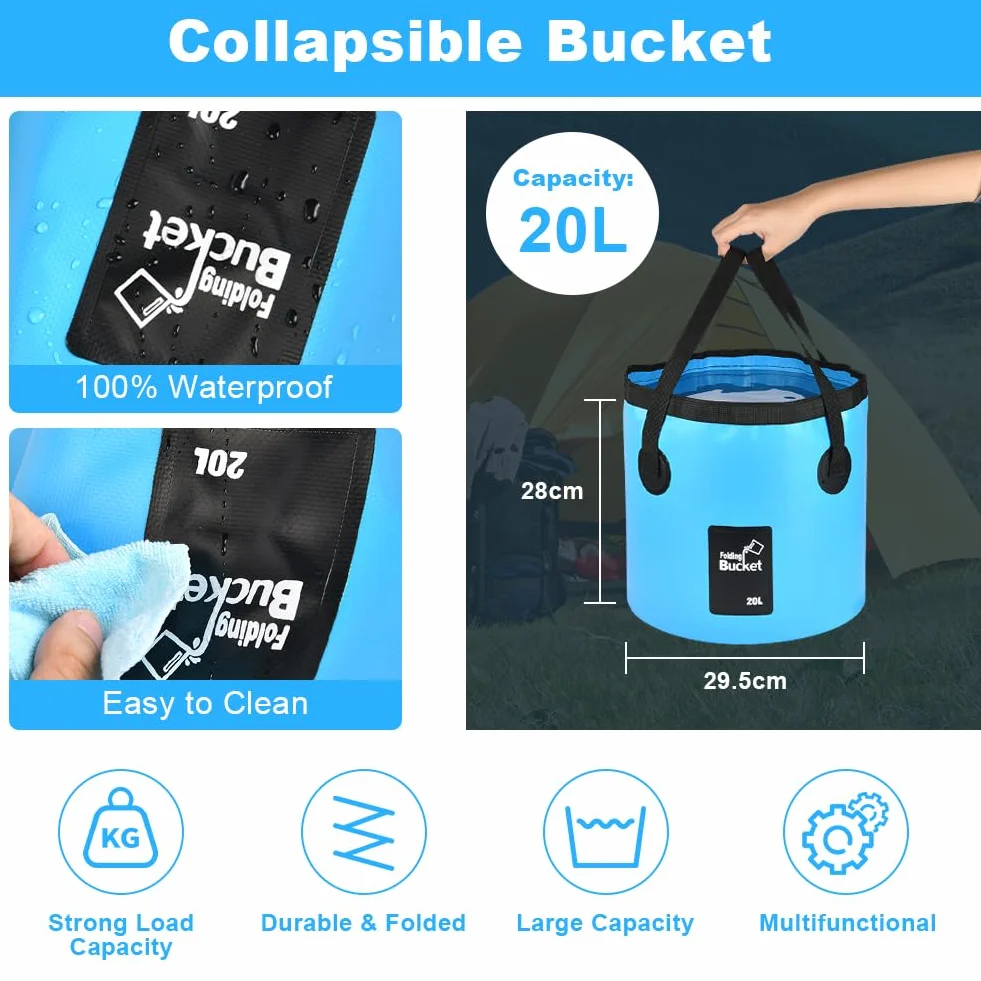 flintronic Seau Pliable, 10L / 12L / 20L Seau de Pêche Pliable Portable, Pliable Multifonctionnel, Robustes, Peu Encombrants, Conteneur d'eau pour Randonnée Pêche Nautisme Jardinage