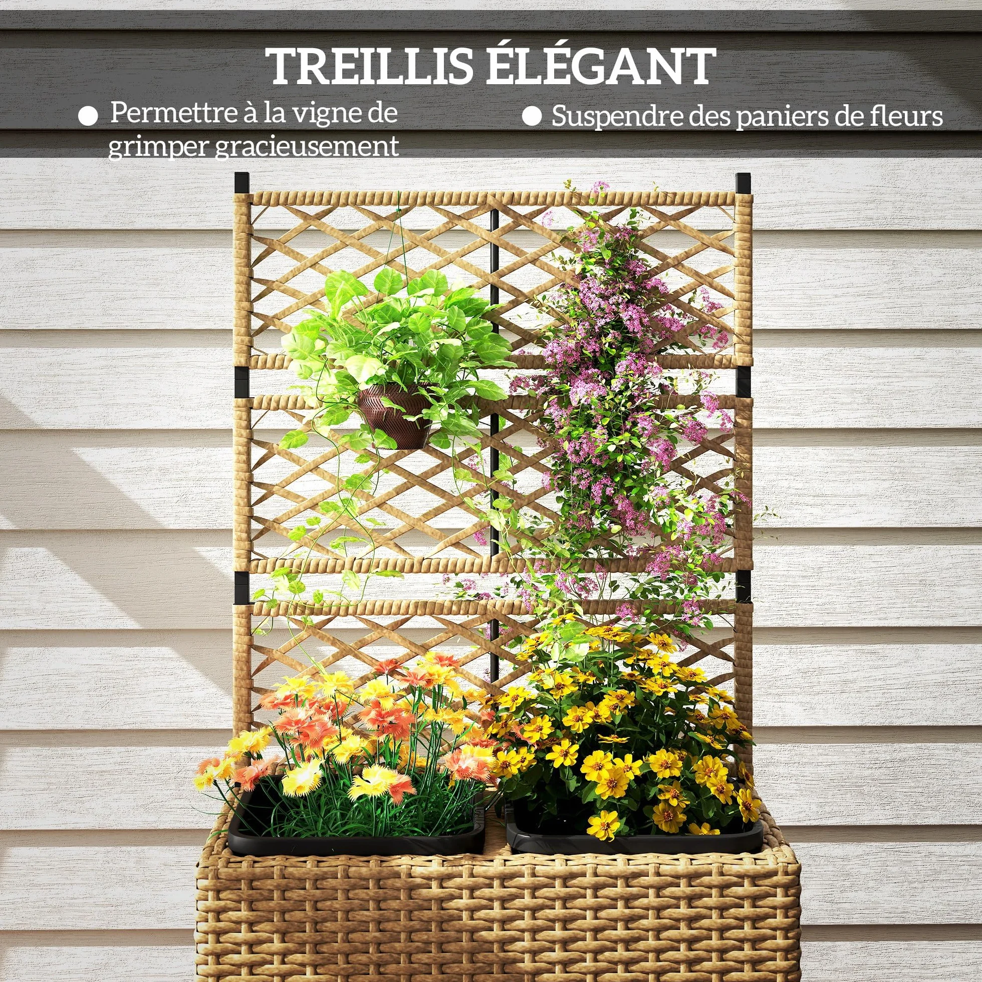 Outsunny Jardinière pour Plantes avec Treillis 2 Pots, 22L, Résine Tressée et Acier, 57 x 30 x 107 cm, Sable