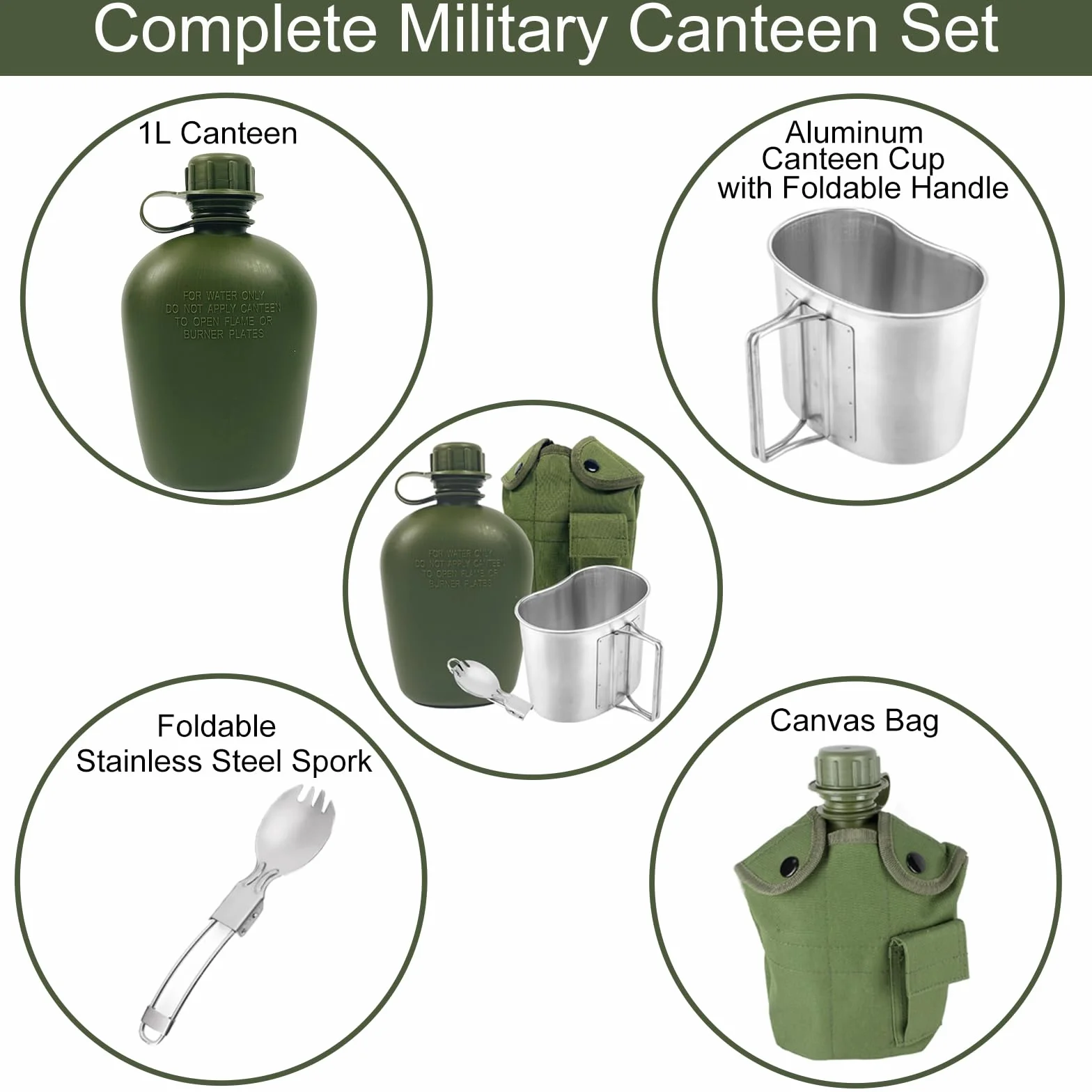 BeGrit Bouteille d'eau militaire avec bouteille d'eau de 1 L pliable en aluminium avec poignée et sac de rangement pour la survie en plein air, la randonnée, la randonnée (vert)