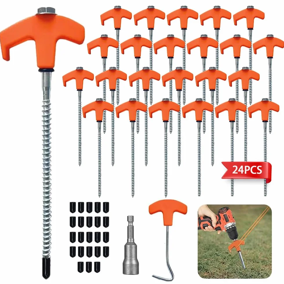 Lot de 24 Piquet De Tente a Visser,Piquets De Tente en Acier avec Filetage Et Support De Corde,Ancrages Au Sol à Visser Accessoires pour Tente,Piquet Auvent pour Le Camping pour Sol Dur et Bois