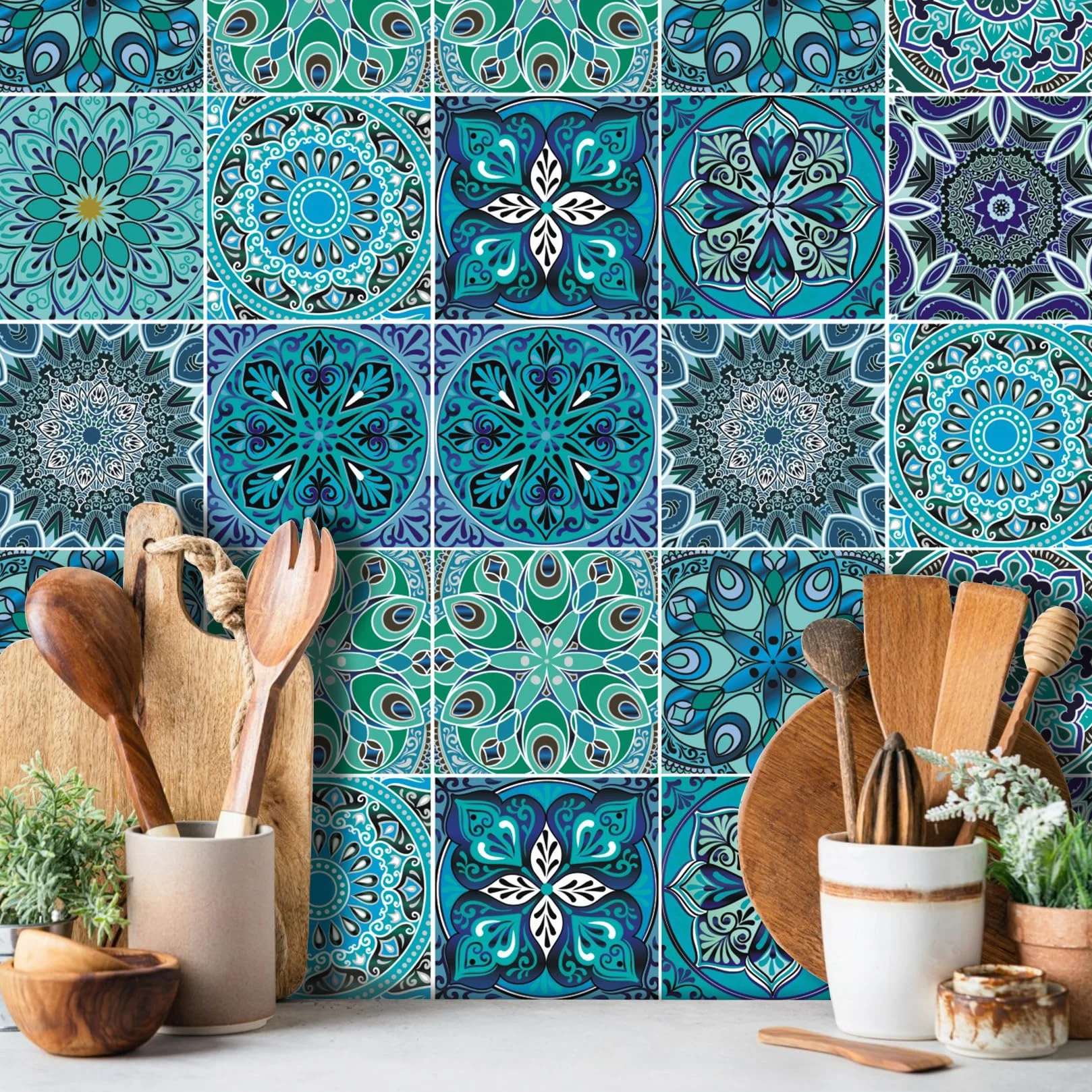 Carreaux Autocollants Décoratifs Bleu Mandala 15x15cm Lot de 24 Stickers Carrelage Imperméables PVC Cuisine Salle de Bain