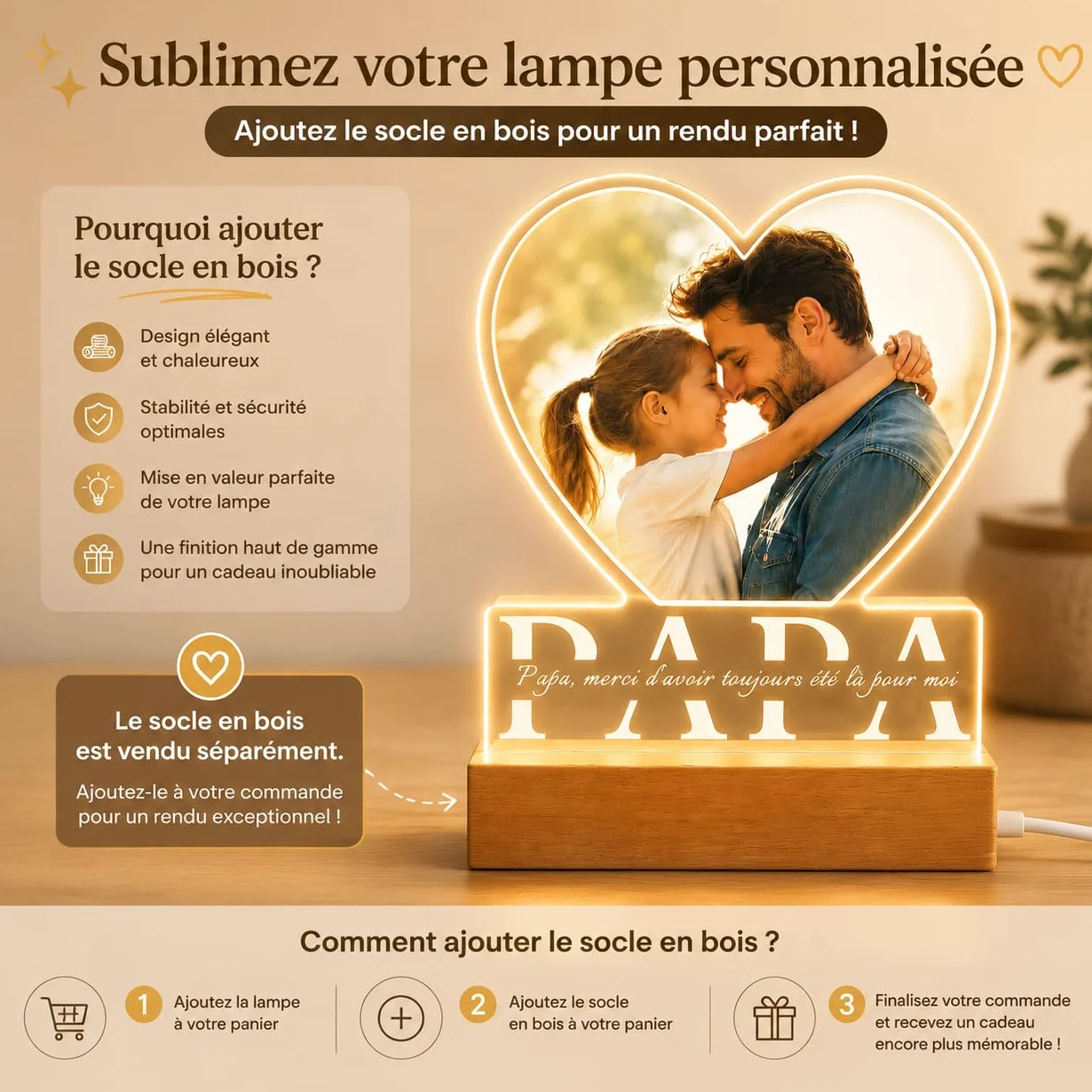 Plaque Personnalisée pour Papa – Lampe Photo Acrylique LED avec Cadre Photo, Cadeau Fête des Pères