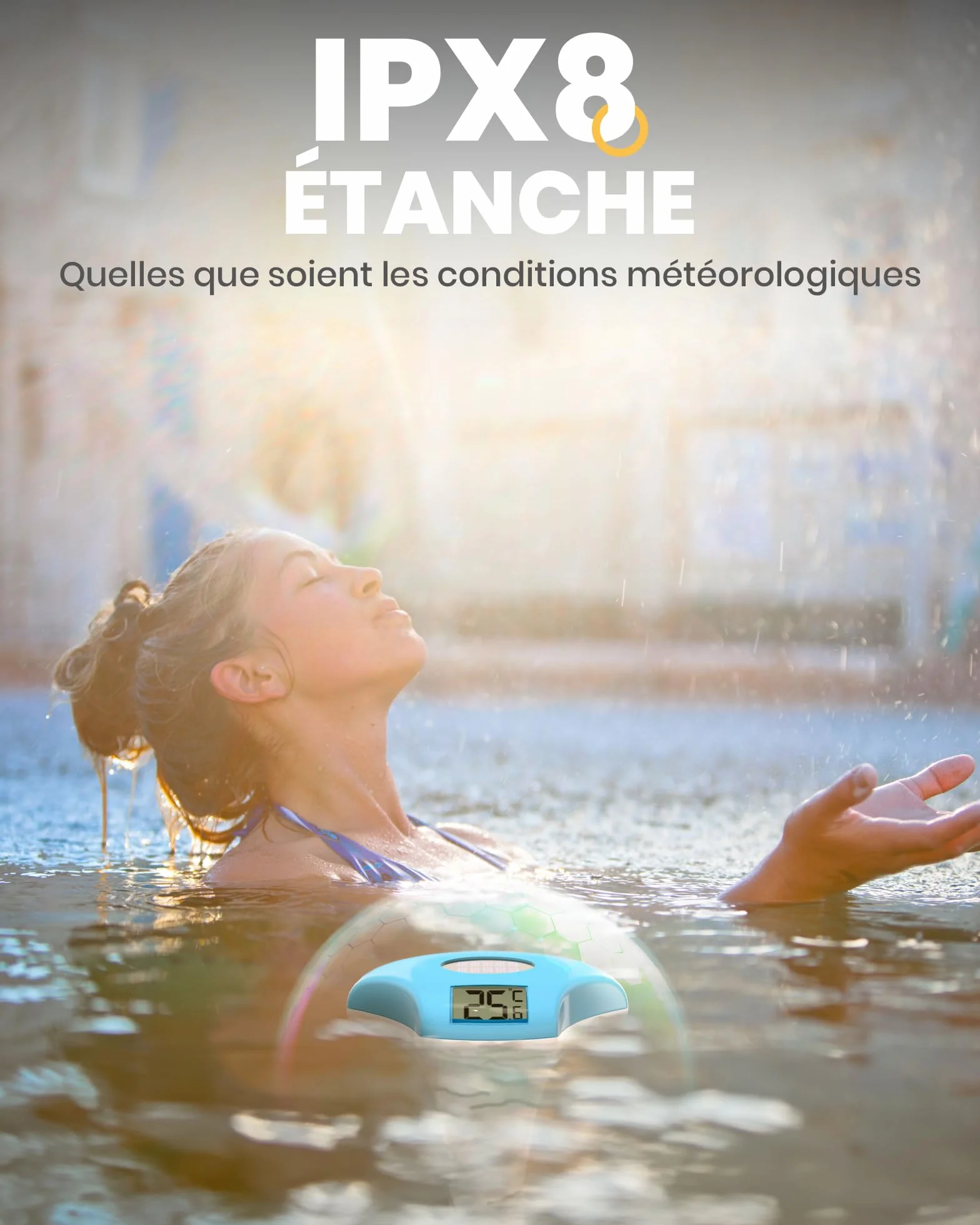 Baldr Solaire Thermomètre Piscine Flottant, Grand Écran LCD Numérique, IPX8, Étanche