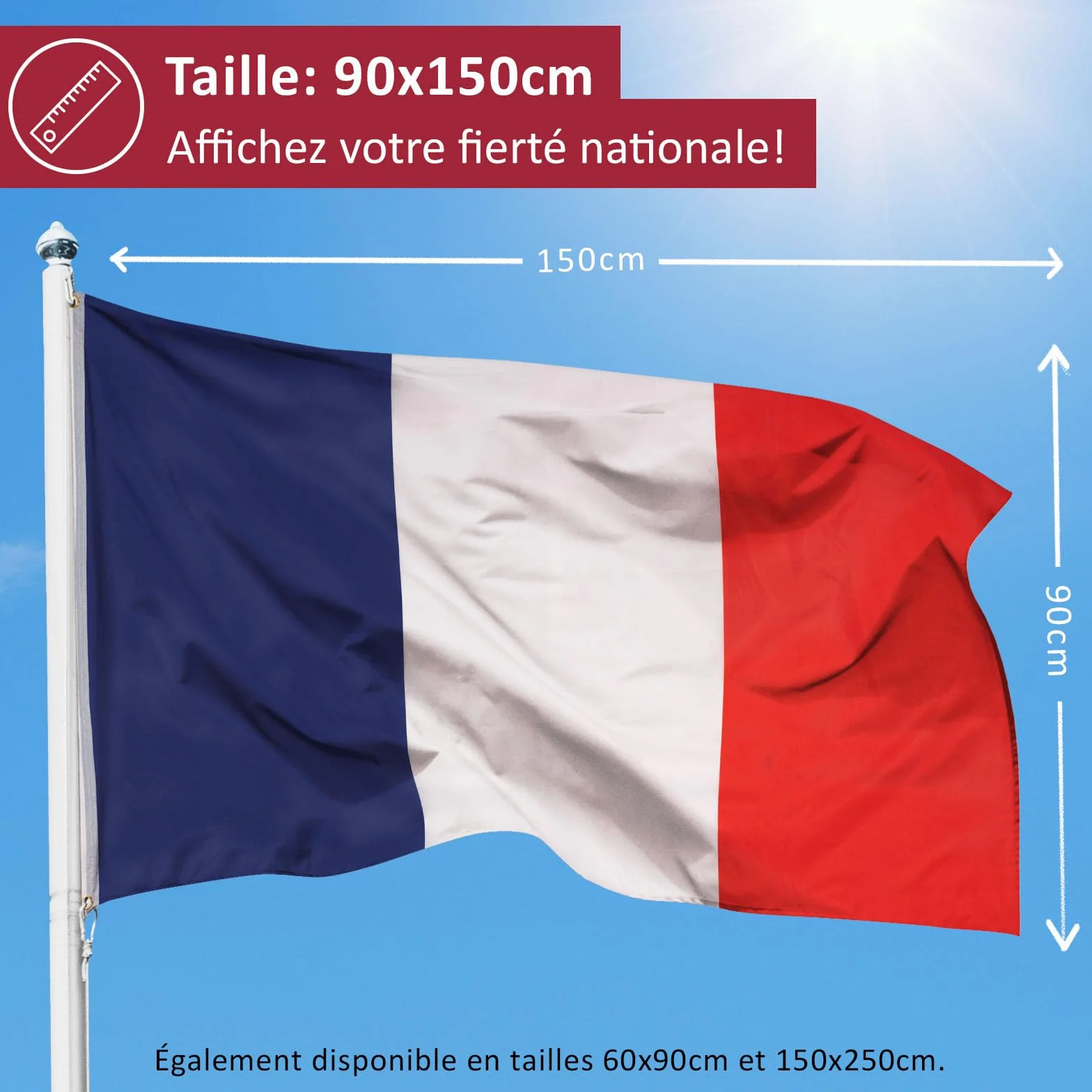 Aricona Drapeau France 90x150cm résistant aux intempéries polyester œillets laiton extérieur