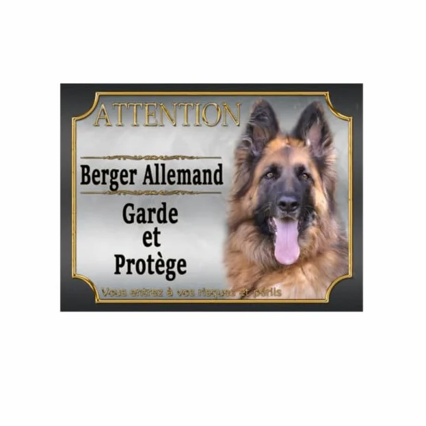 Plaque Attention Chien Berger Allemand métal Aluminium 15 cm x 20 cm argent