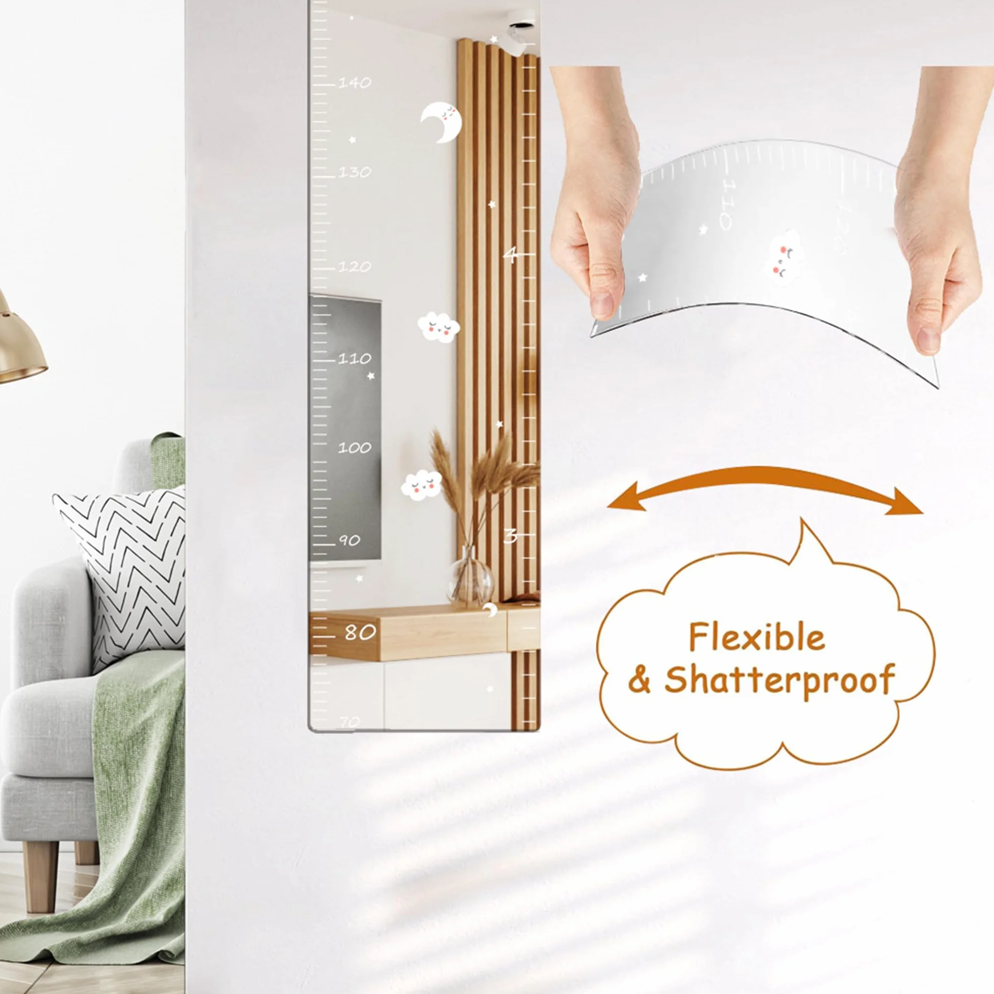 Miroir-Mesure de Croissance avec Autocollants – Règle Adhésive Murale pour Chambre d'Enfant