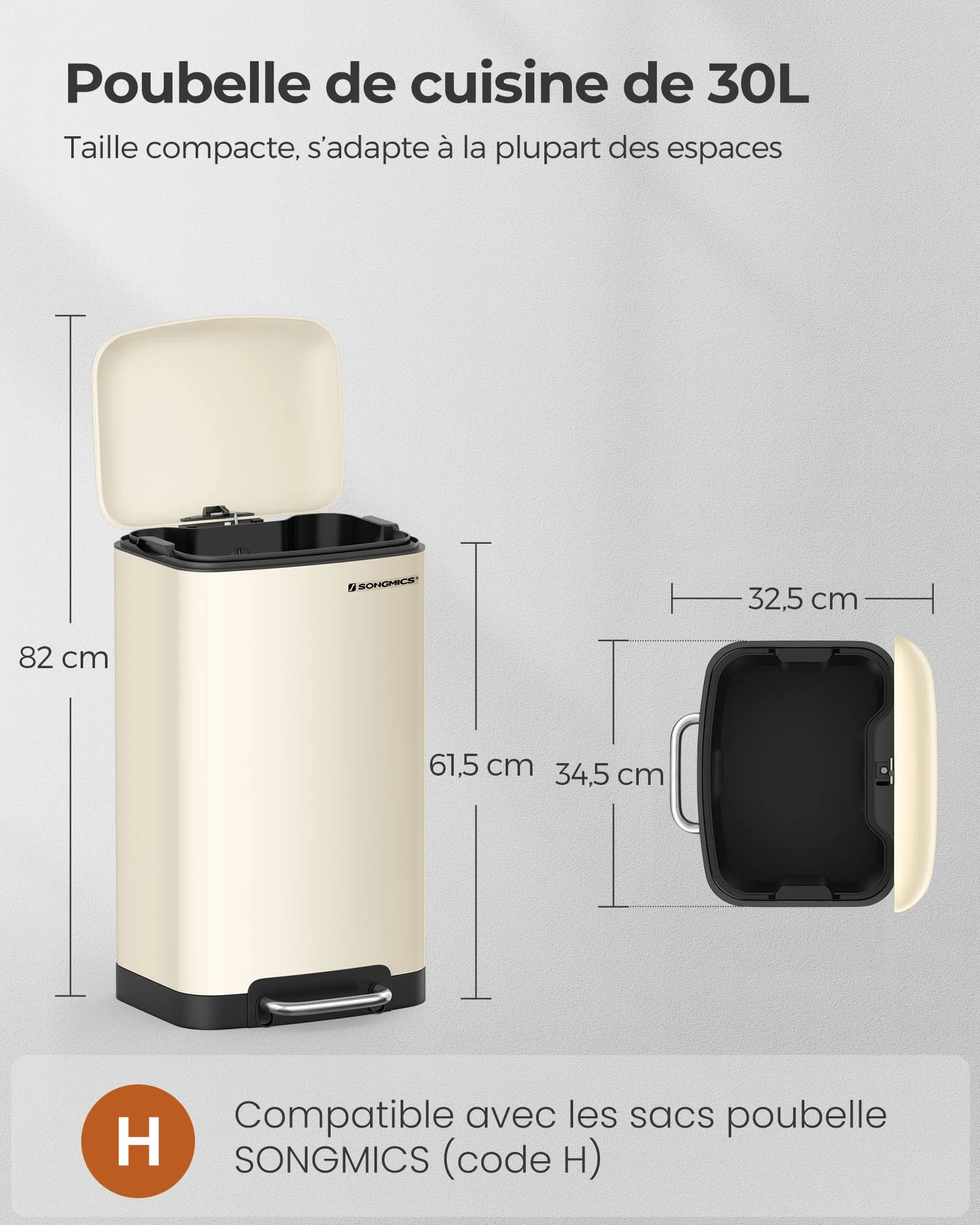 SONGMICS Poubelle de Cuisine 30L Acier Pédale Couvercle Seau Intérieur Fermeture en Douceur Blanc LTB001A01