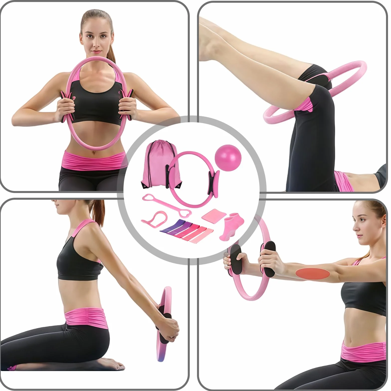 Leikurvo Kit de Pilates Essential de 13 pièces pour femme avec balle de Pilates, bandes de résistance, chaussettes, anneau de Pilates et accessoires pour étirement et fitness (rose)