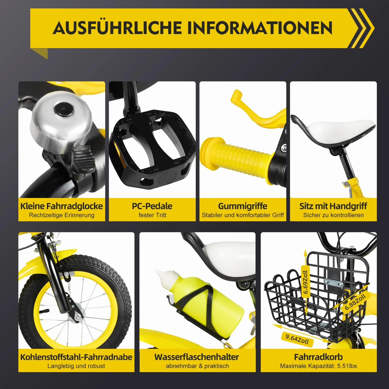 Vélo enfant de 12 pouces, avec roulettes de soutien et panier, hauteur ajustable