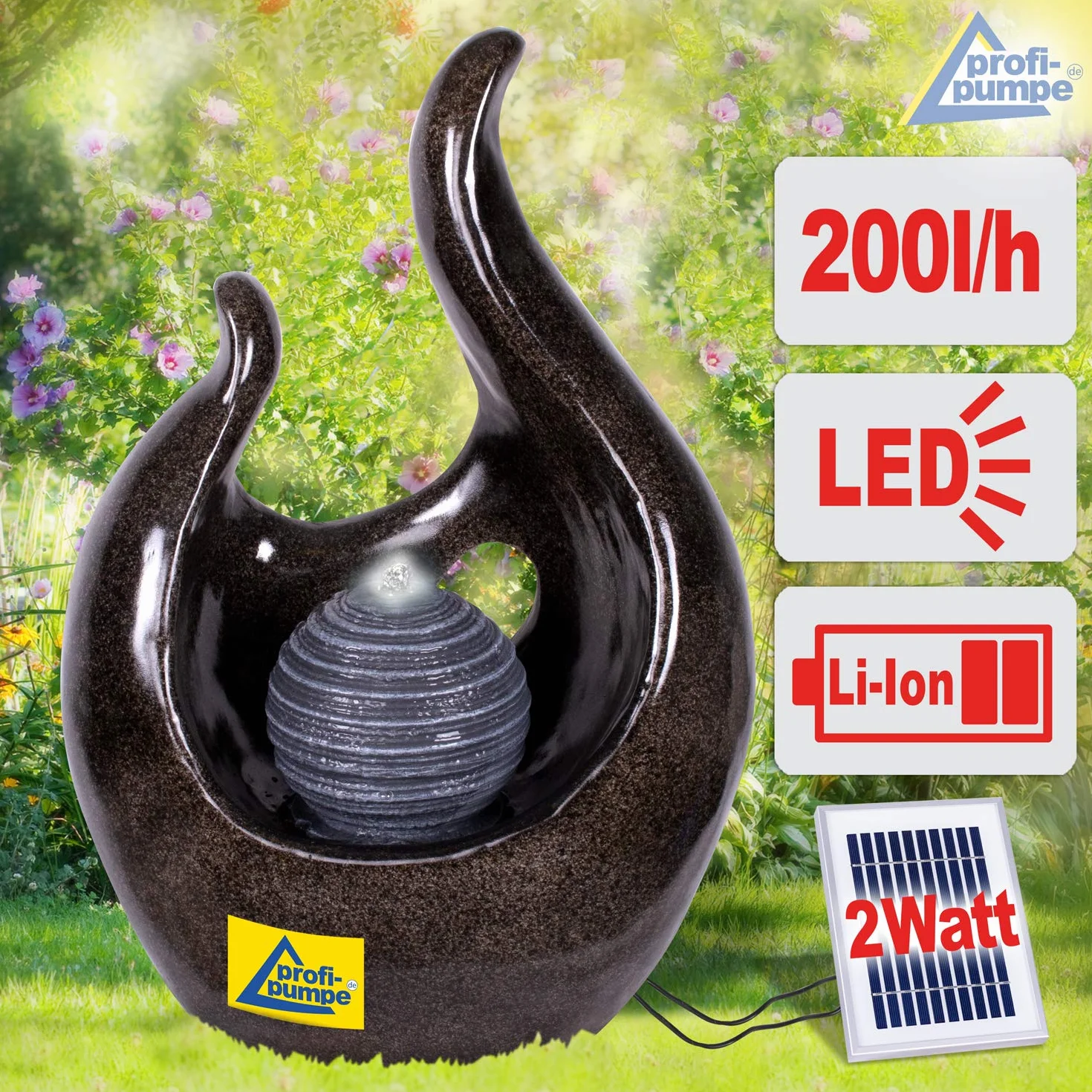 Fontaine de Jardin Solaire avec Batterie Li-ION et Éclairage LED Flamme de l'Amour 71 cm