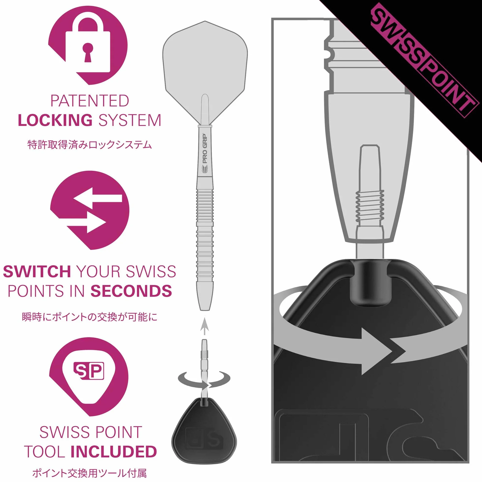 Swiss Pointes Lot de 3 Embouts 30MM/35MM/40MM Noir Silice Bleu Argent Accessoires Professionnels pour Fléchettes
