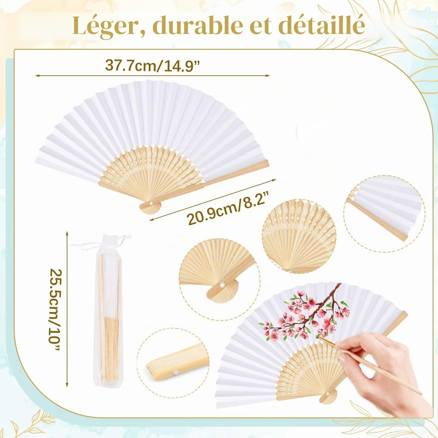 Eventail Mariage Pliant Ventilateur Bois Papier Blanc Japonais Poche Pliante Demoiselles Cadeaux Danse fête décoration DIY 12 pcs