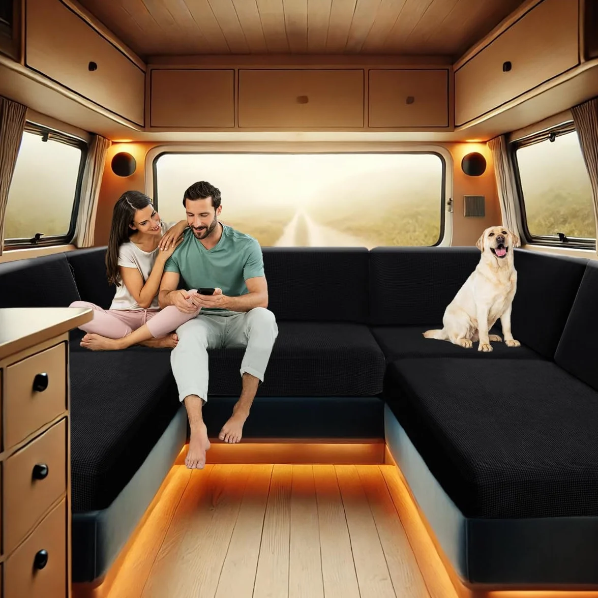 SYLC Housse De Coussin De Siège De Caravane Jacquard Banquette Camping Car 2 Courroies Canapé Extensible Noir 90-130 60-90 cm
