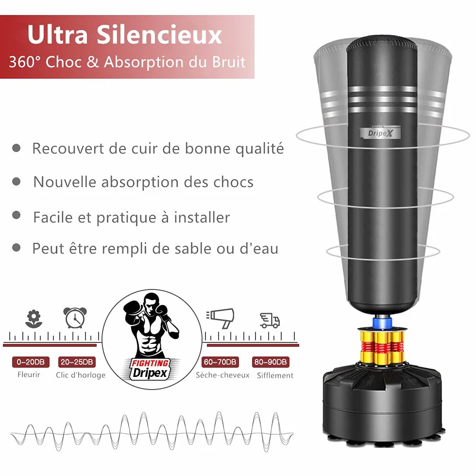 Dripex Sac de Frappe sur Pied Adulte 175cm Sac de Boxe Autoportant MMA Punching Ball pour Karaté Fitness Taekwondo Idéal Cadeau