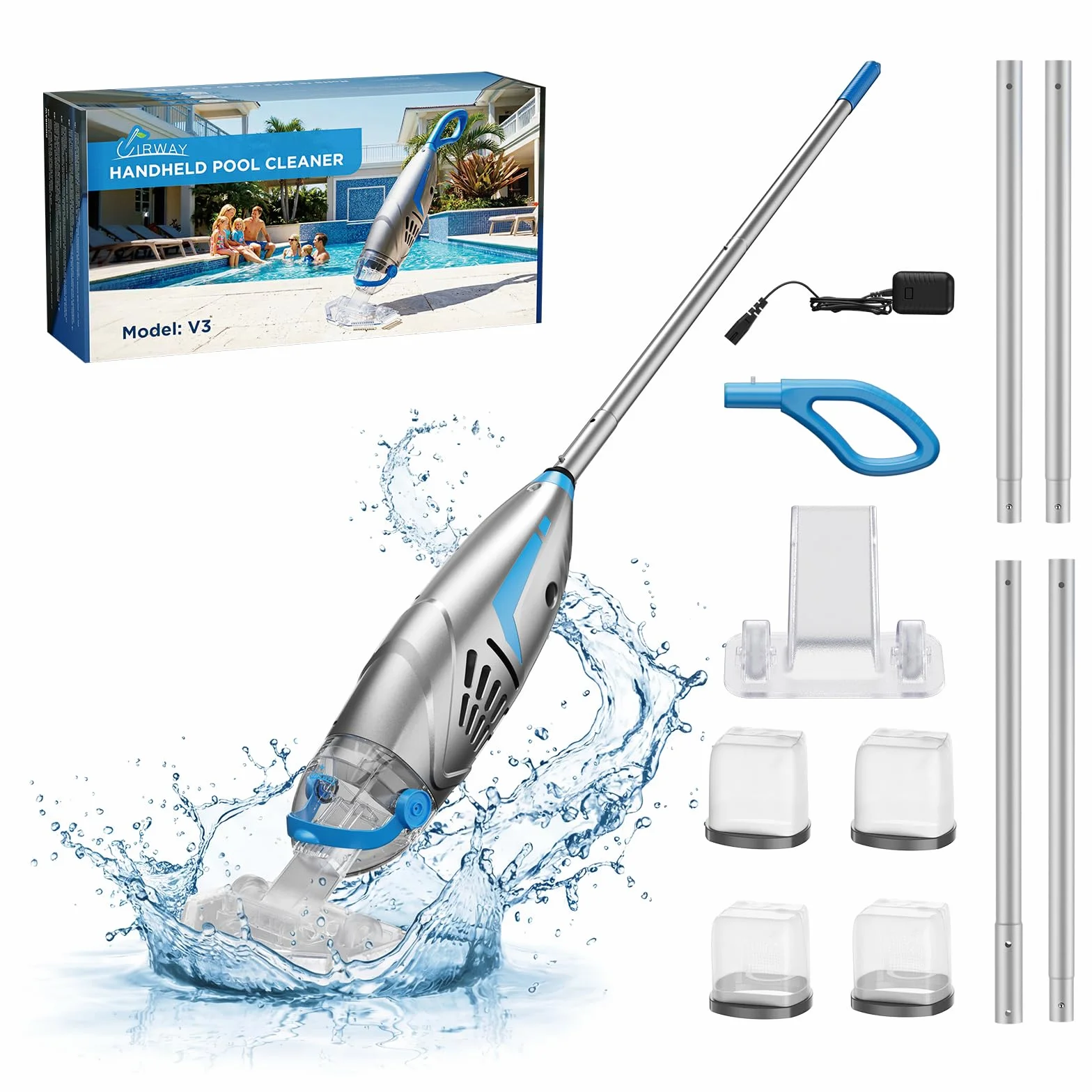 Aspirateur Piscine sans Fil 26,5 GPM IPX8 Balai Rechargeable avec 2 Têtes et 4 Sacs Filtrants