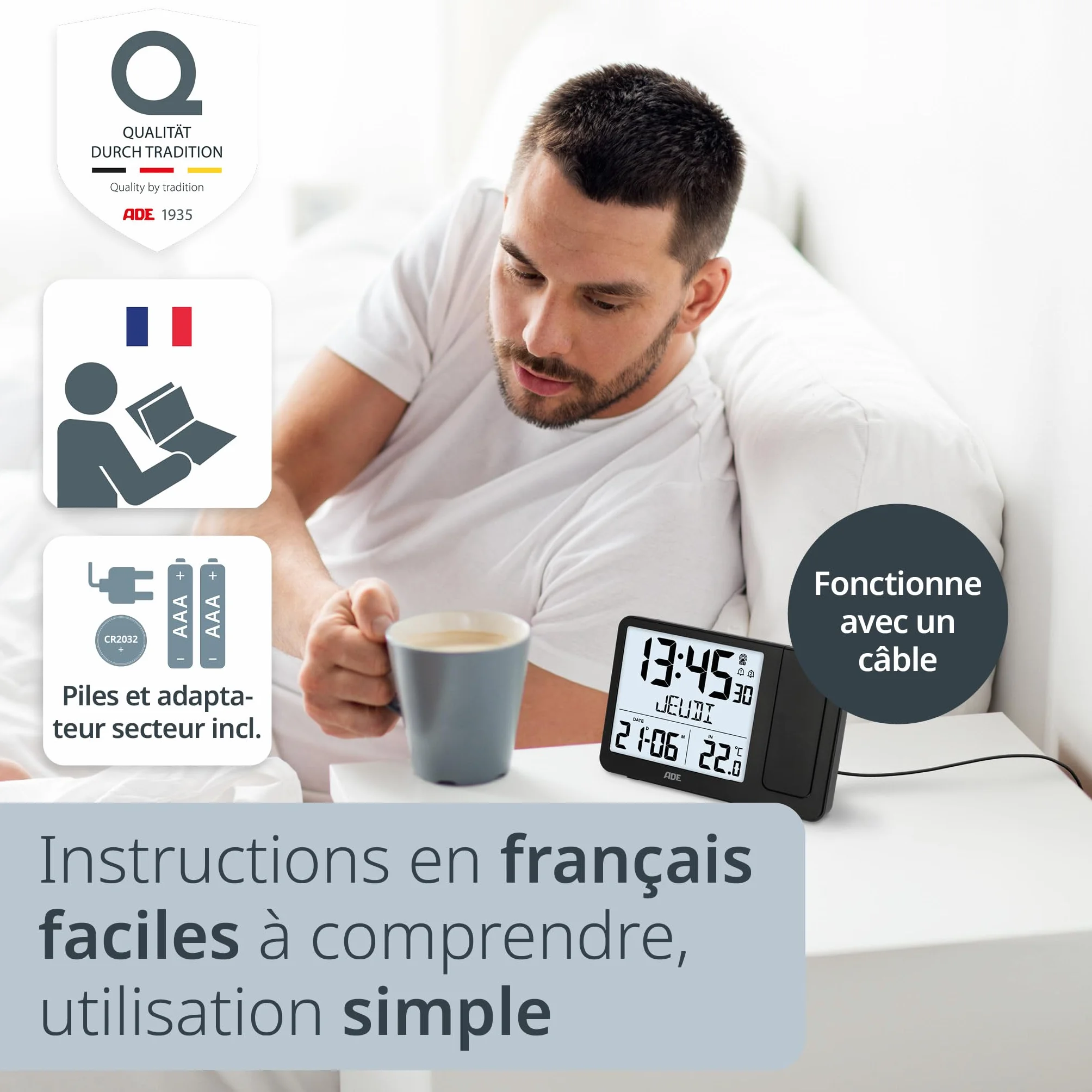 ADE Réveil Radio piloté Horloge numérique avec capteur extérieur Affichage température Date Jour Semaine Noir