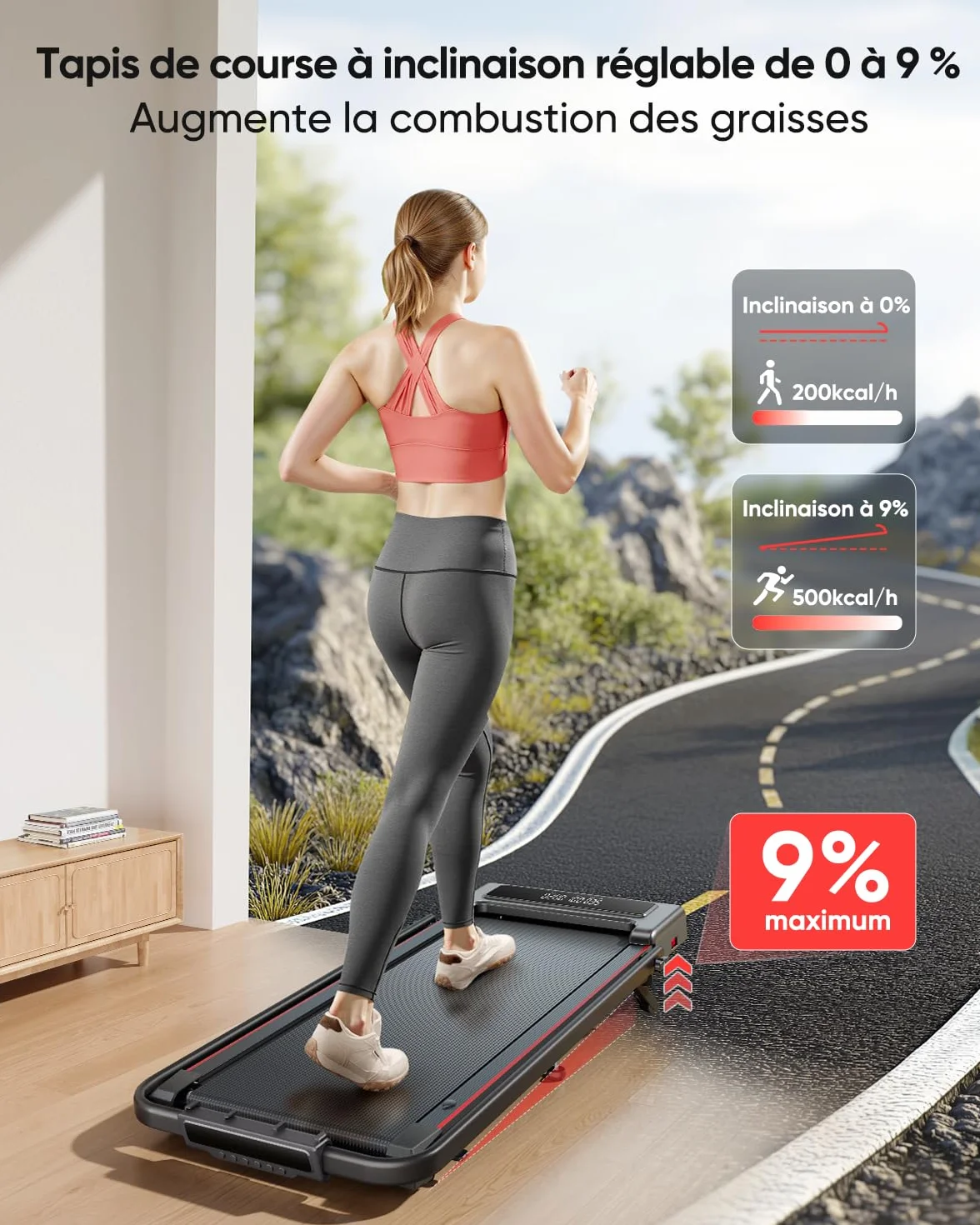 Tapis de Course, Inclinaison de 9%, 12km/h,électrique Pliable 4en1,Compact et Portable,2.5 HP, Peut être placé sous Le canapé,télécommande,APP,Double écran LED, adapté au Bureau à Domicile