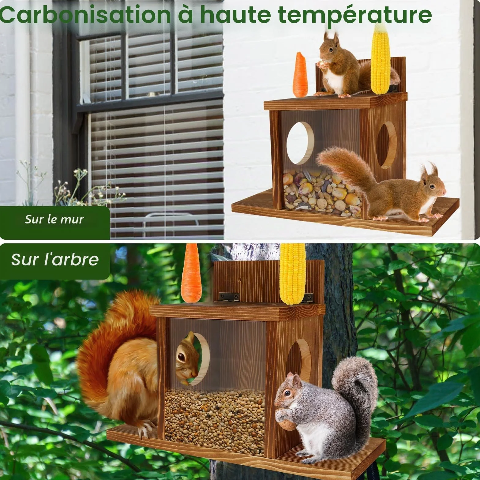 Mangeoire pour écureuils Alongen résistante aux intempéries fenêtre transparente carrée bois suspendre