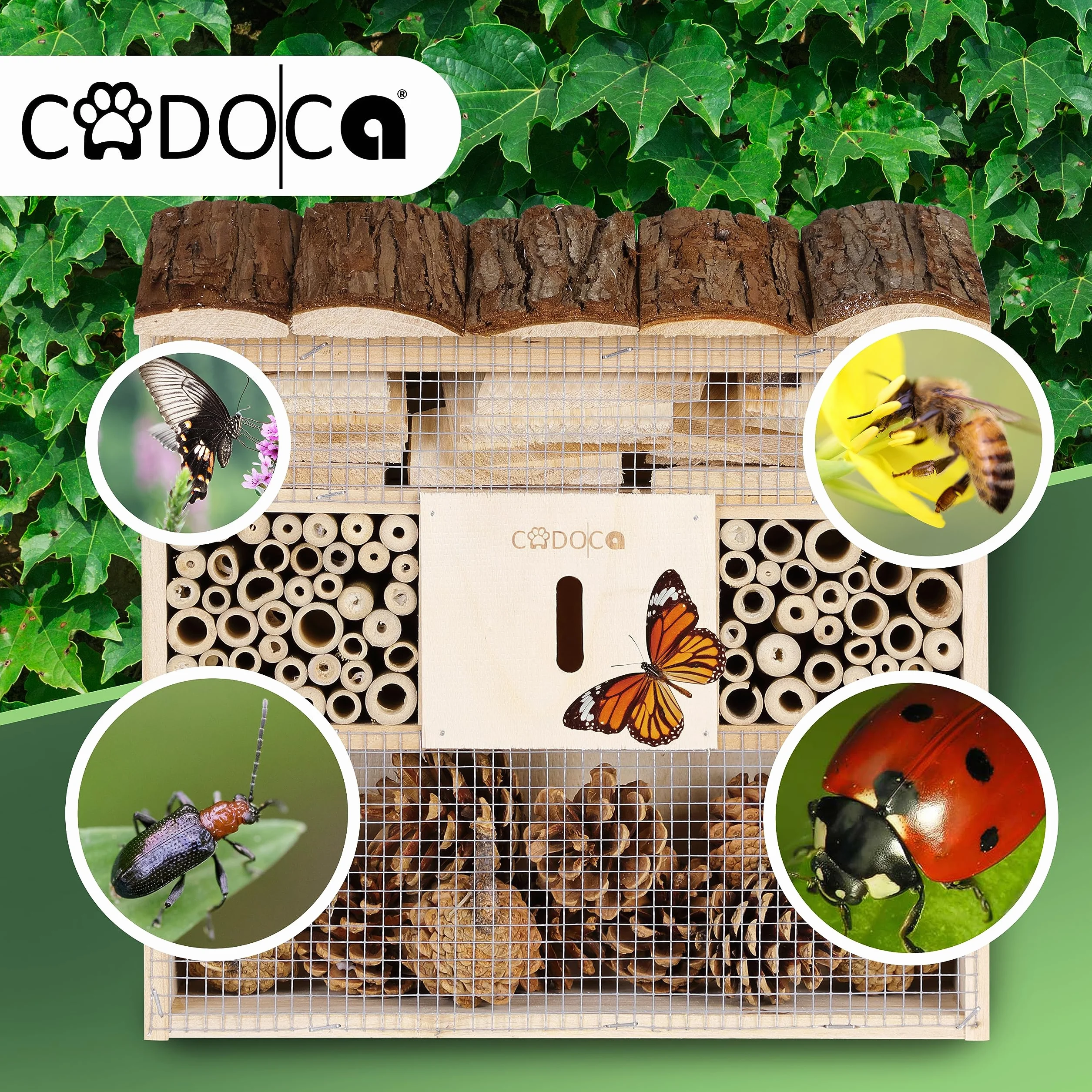 CADOCA® 2X Hôtel à Insectes en Bois Naturel 30,5x31 cm Nichoir à Abeilles Hivernage Pollinisation