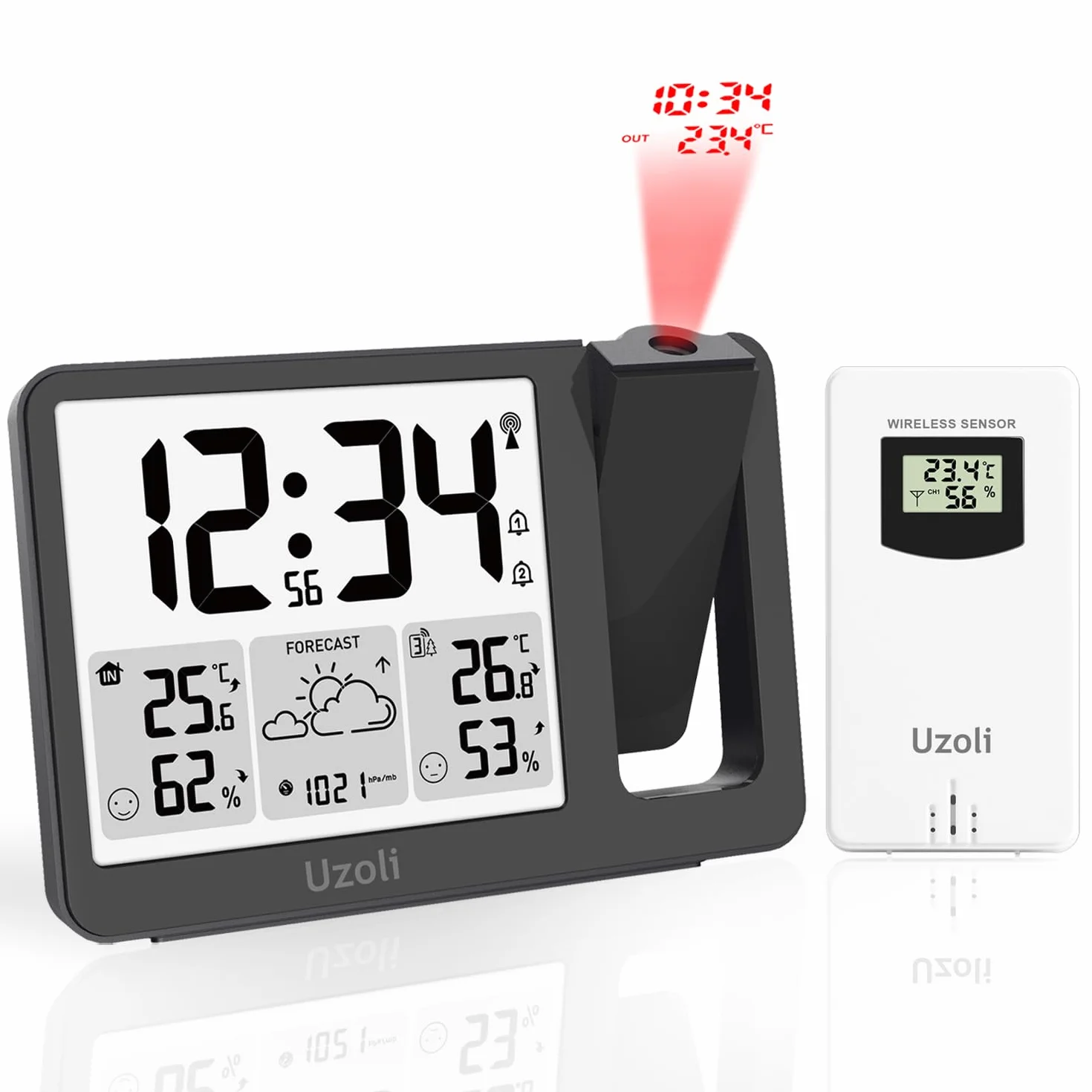 Uzoli EM3539E Réveil à Projection au Plafond avec Station Météo, Horloge Radio-piloté, Projecteur Rotatif 180°, Température, Humidité