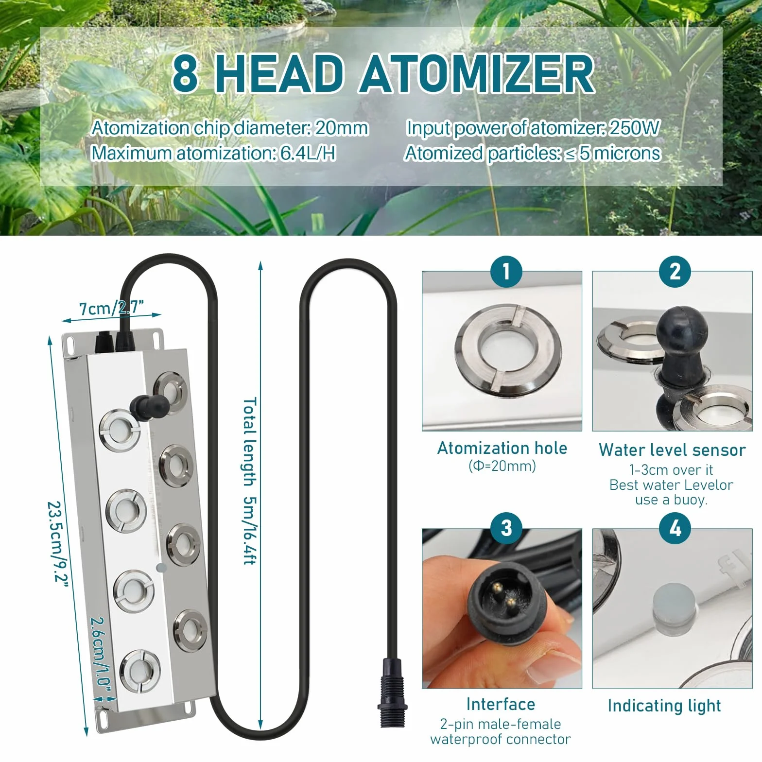 Brumisateur À Ultrasons 6400ml/H 2 x 8 Têtes Humidificateur À Brouillard Multiprise 720w Bouée Mist Maker Fogger Terrarium Fontaine Jardin Atomiseur Inox