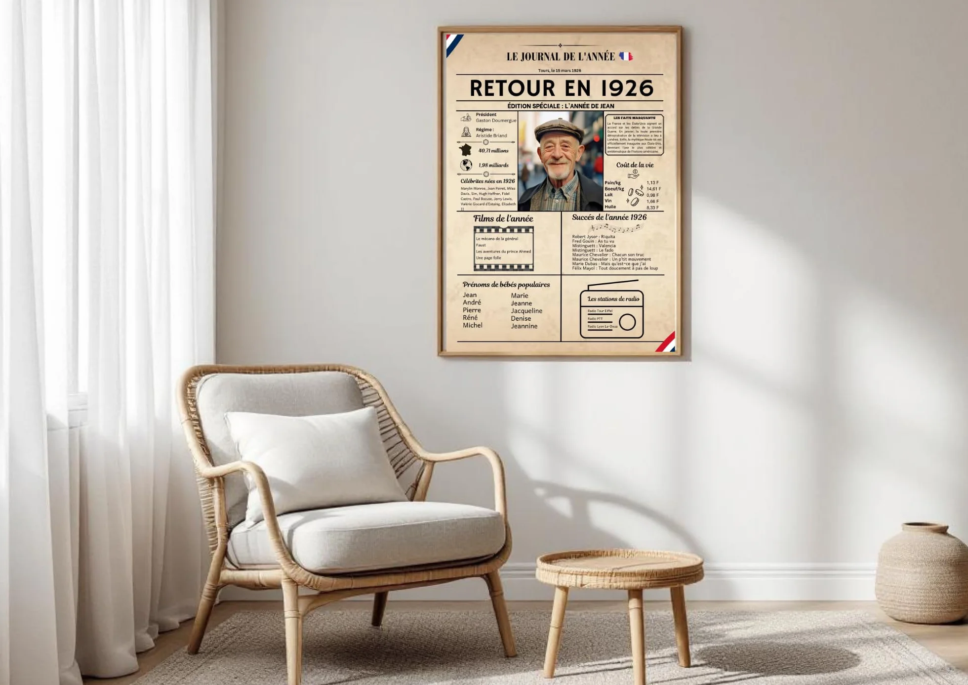 Affiche Année 1926 Personnalisée avec Photo – Journal de Naissance Vintage – Cadeau Anniversaire 99 Ans