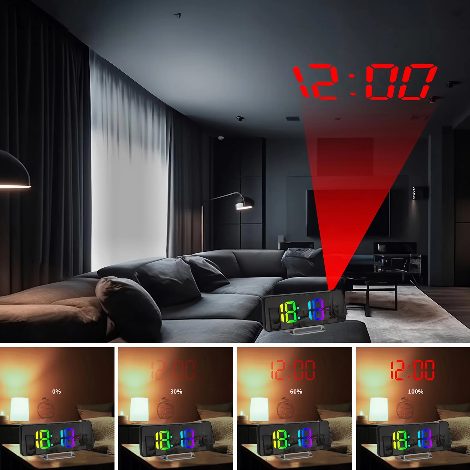 Réveil Projecteur LED 8,1" RGB, Projection Rotative 180°, Double Alarme 12/24H, Recharge USB