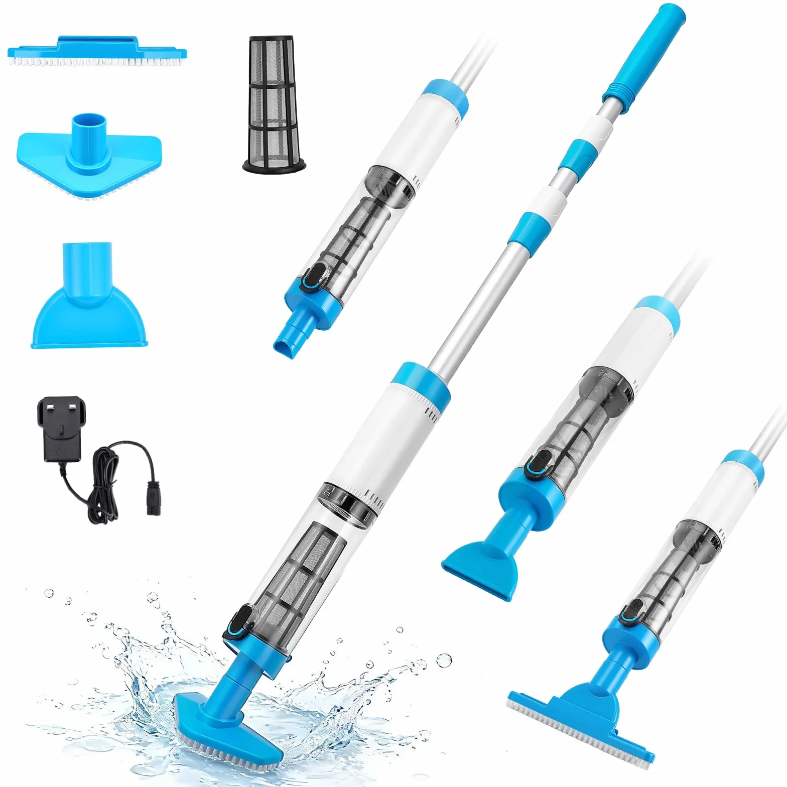 Aspirateur Piscine Rechargeable Nettoyeur avec Perche Télescopique 103.5–162.5cm Forte Aspiration 3 Têtes Piscines Hors‑Sol Enterrées Spas