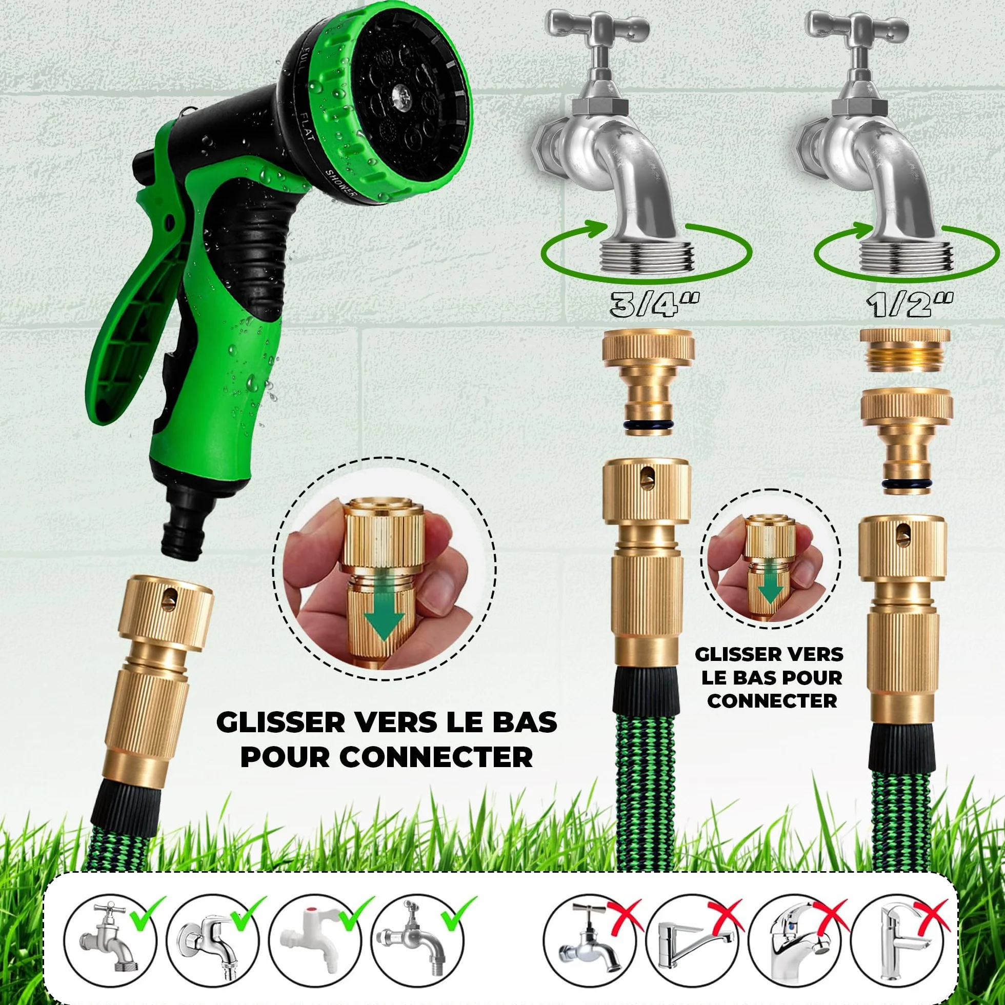 HOMEPROTEK Tuyau d'Arrosage Extensible 30m avec Adaptateurs 1/2'' 3/4'' et 9 Modes