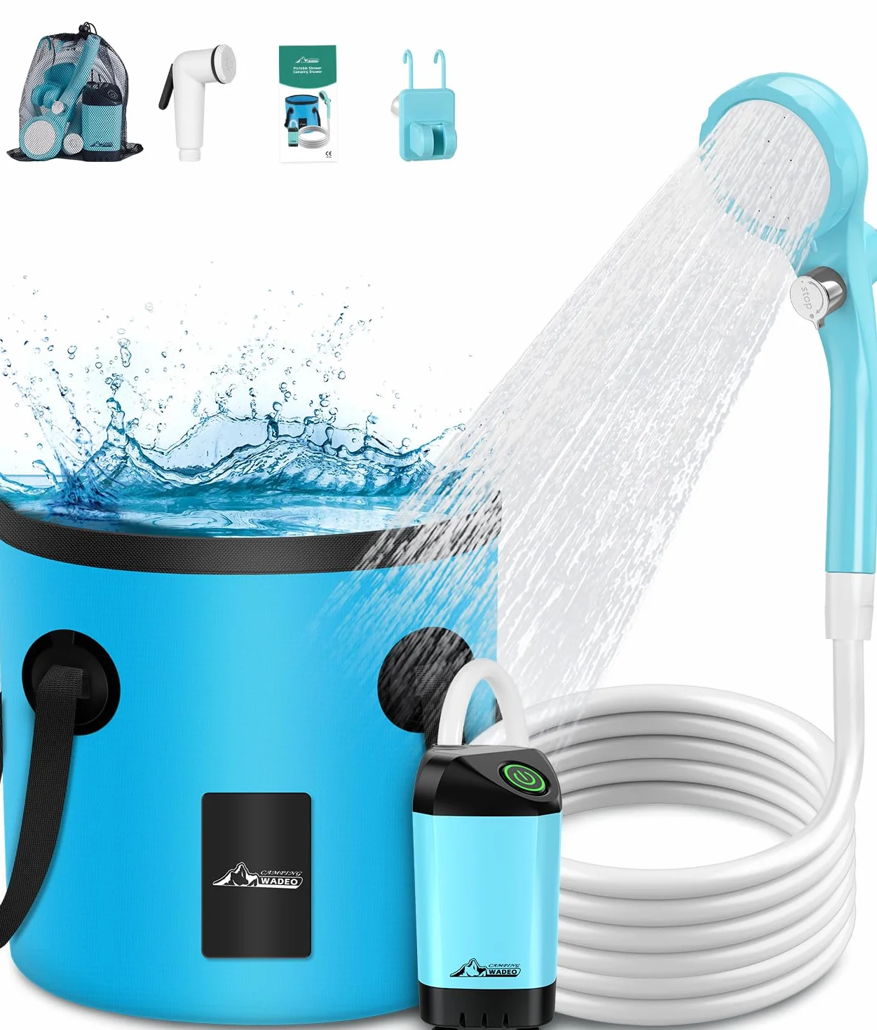 WADEO Douche Portable Camping, [Seau Pliable 20L] Douche Extérieure Électrique Rechargeable pour Camping, Vanlife, Randonnée, Voyage, Plage, Chien, Camping-Car
