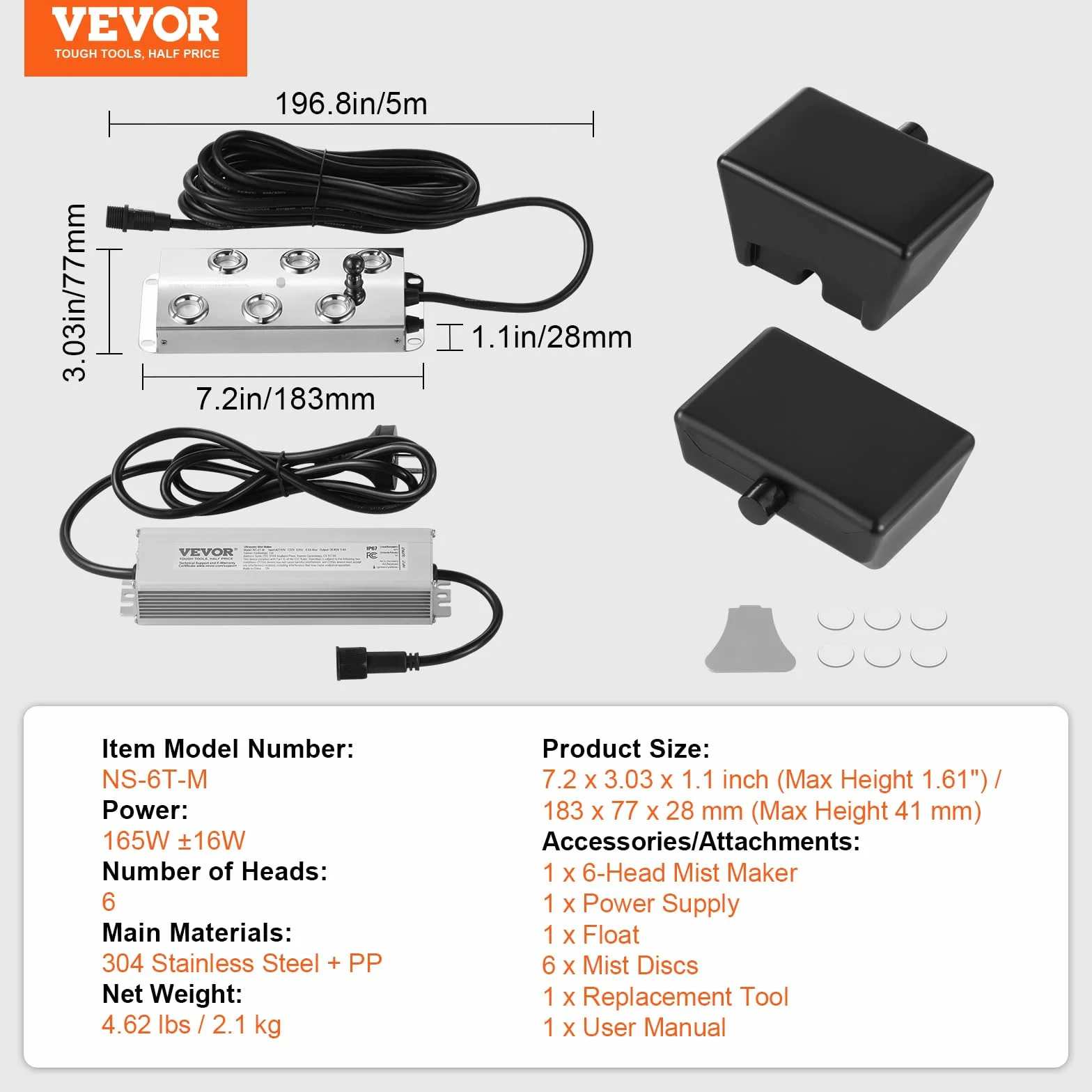 VEVOR Brumisateur à ultrasons 6 têtes 4500 ML/h IP67 165 W avec bouée disques de Rechange