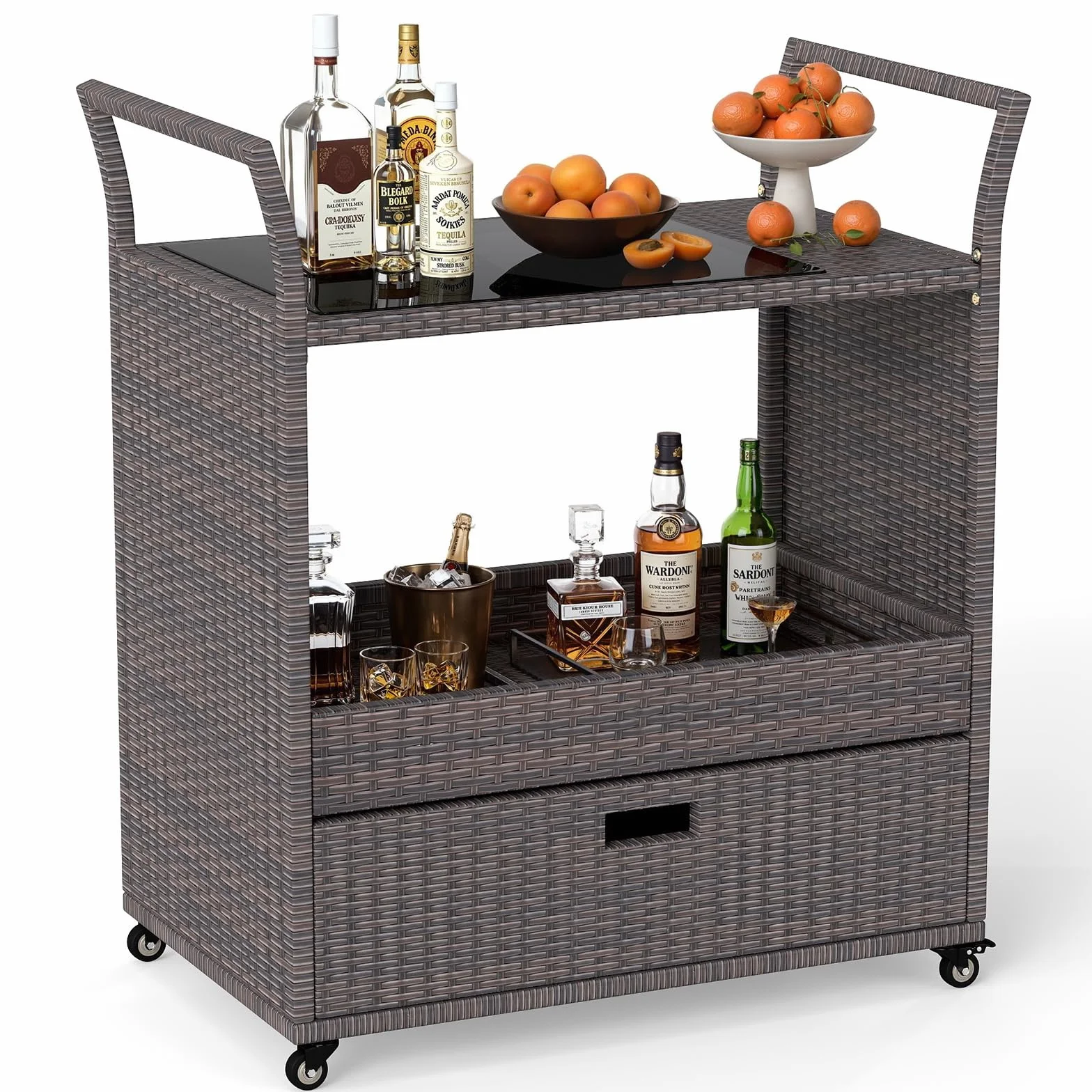 COSTWAY Chariot de Bar Extérieur en Osier avec Plateau en Verre Trempé, Table Roulante pour Jardin