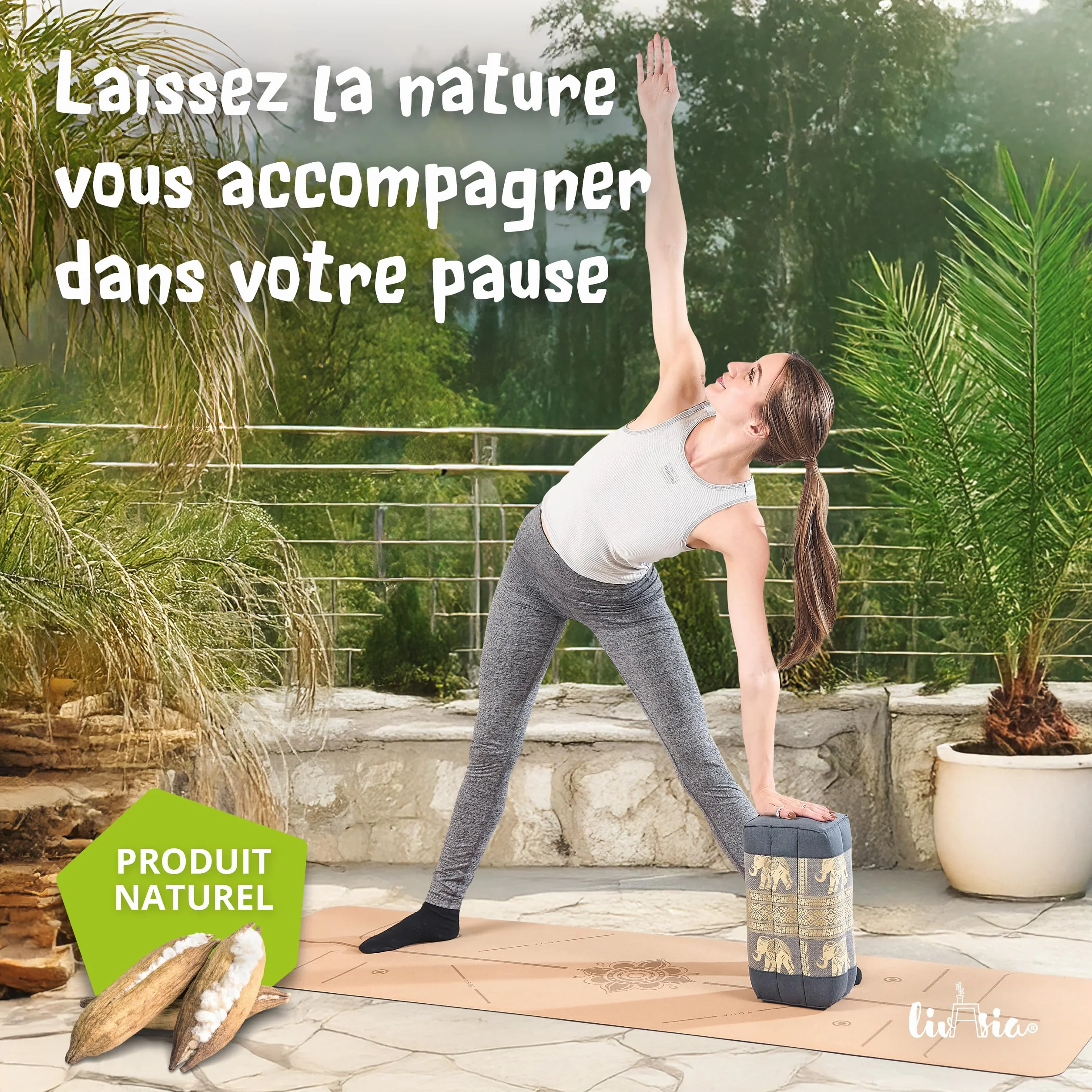 Livasia Coussin Yoga carré Bloc Soie thaï - 17x34x12cm - Coussin de méditation kapok, Coussin de Soutien rectangulaire, Accessoire Yoga Pilates Coussin cale-Nuque, Fait Main (Gris/Éléphants Soie)