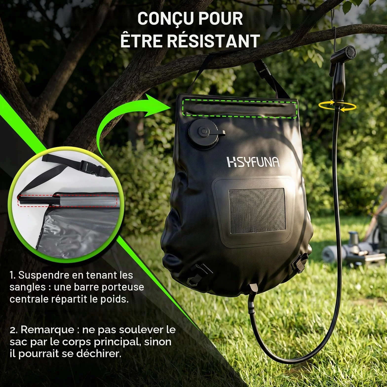 Douche solaire de camping 20L indicateur température 45°C extérieur