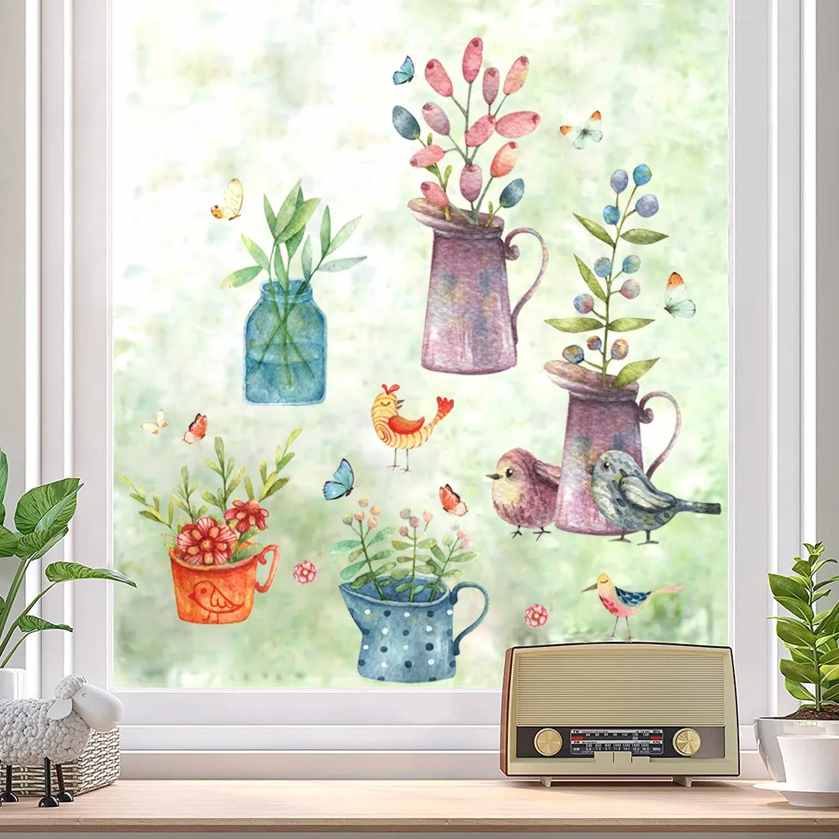 Naklejki okienne POTS de FLEURS aquarelle réutilisable | Dekoracyjne kwiaty ptaki wiosna lato | Autocollant salon chambre enfant cuisine (non adhésif)