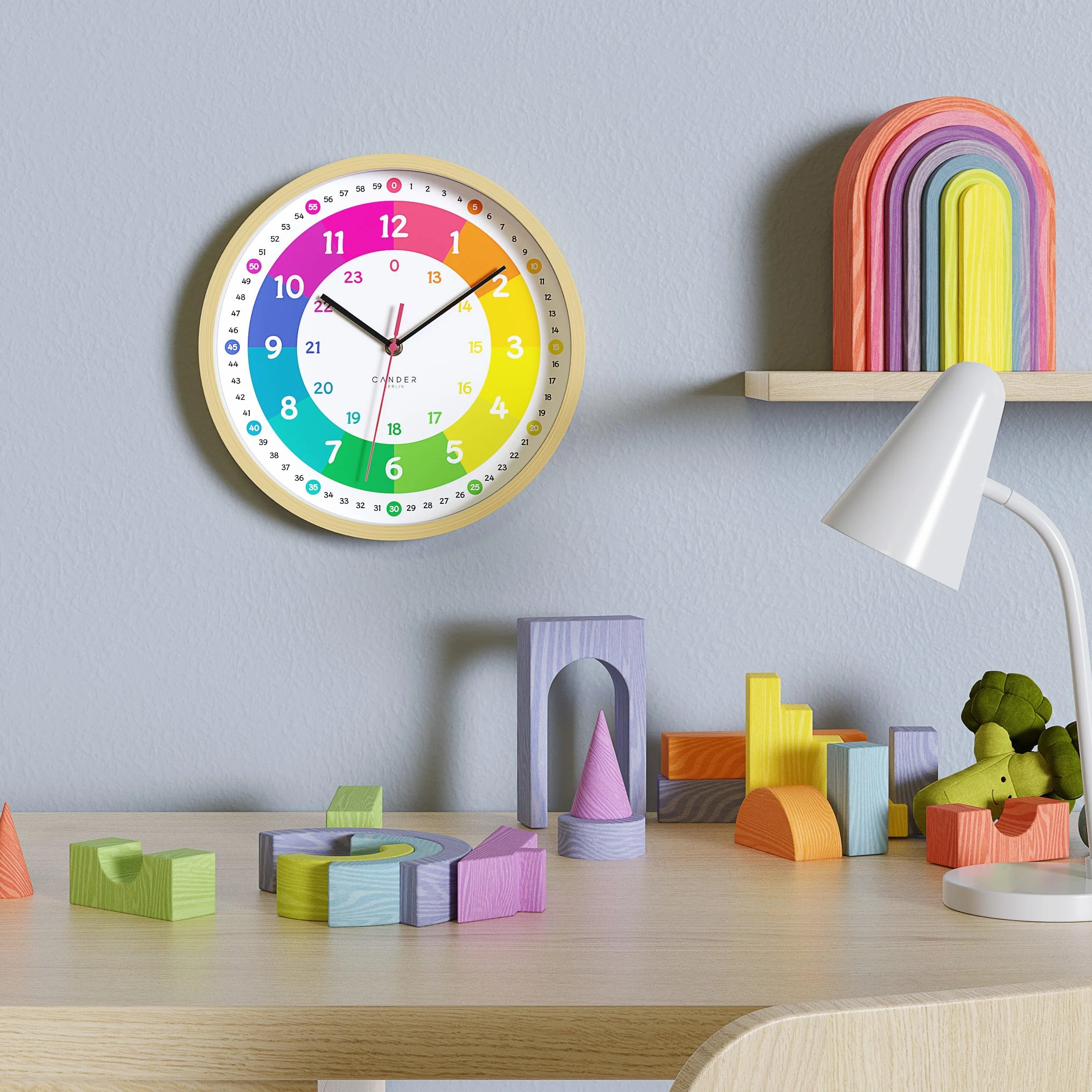 Cander Berlin MNU 2425 R Horloge murale silencieuse enfant bois apprentissage analogique sans tic-tac Multicolore 25 cm