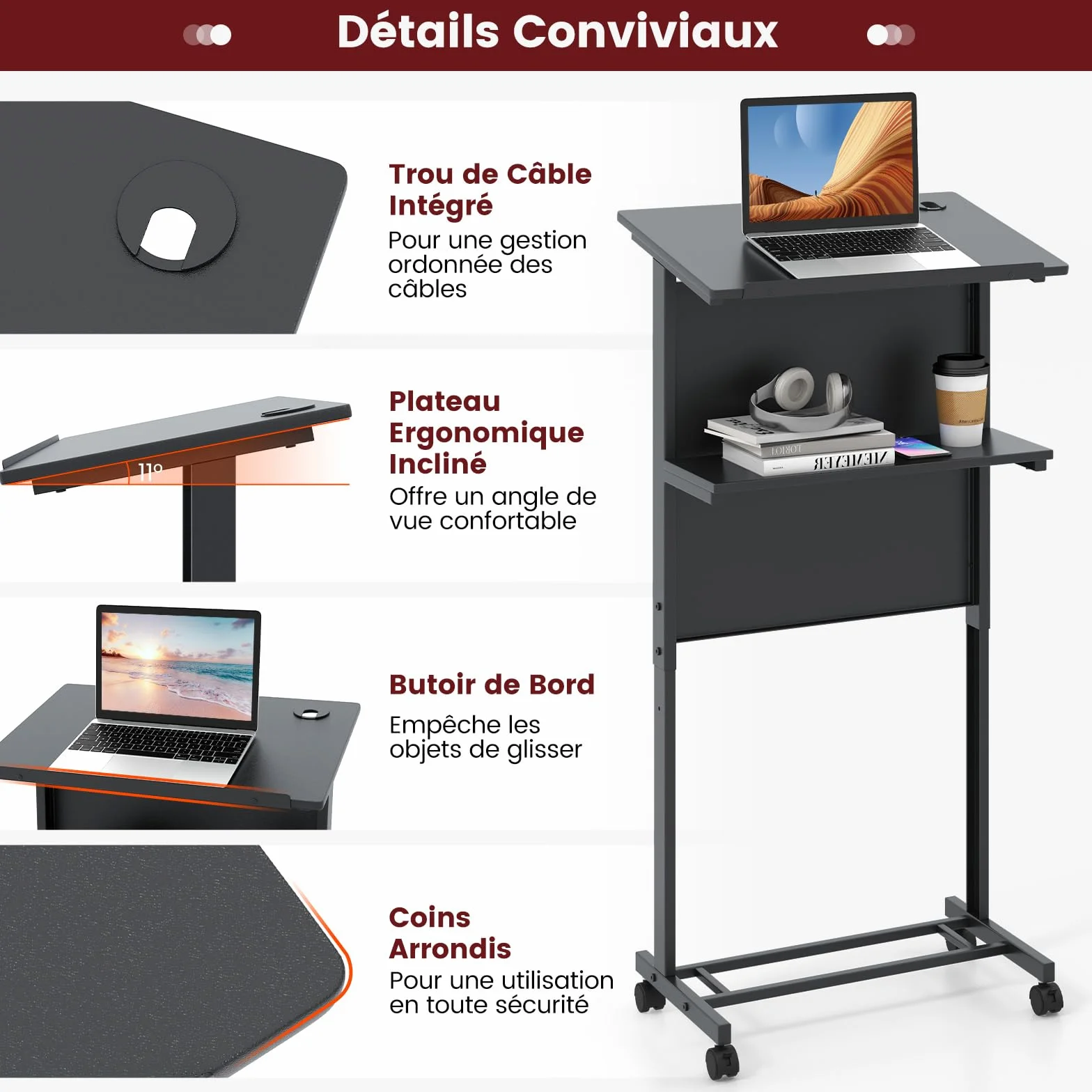 COSTWAY Podium Debout Mobile Pupitre 108-122 cm pour Ordinateur Portable, Bureau Debout Roulant Plateau Incliné avec Rebord