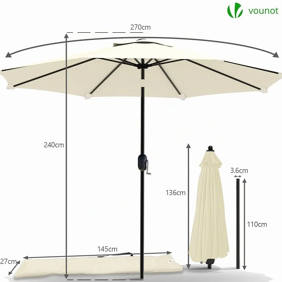 Parasol de Jardin Inclinable 270cm Toile Protection UV Beige
