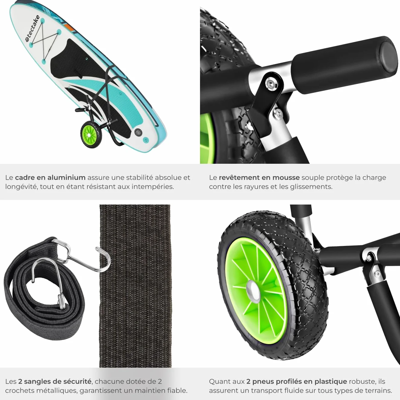 tectake® Chariot de Transport Pliable Double pour Paddle Gonflable, Stand up Paddle, Planche de Surf, Cadre en Aluminium Inoxydable, Pneus profilés, Max. 45 kg