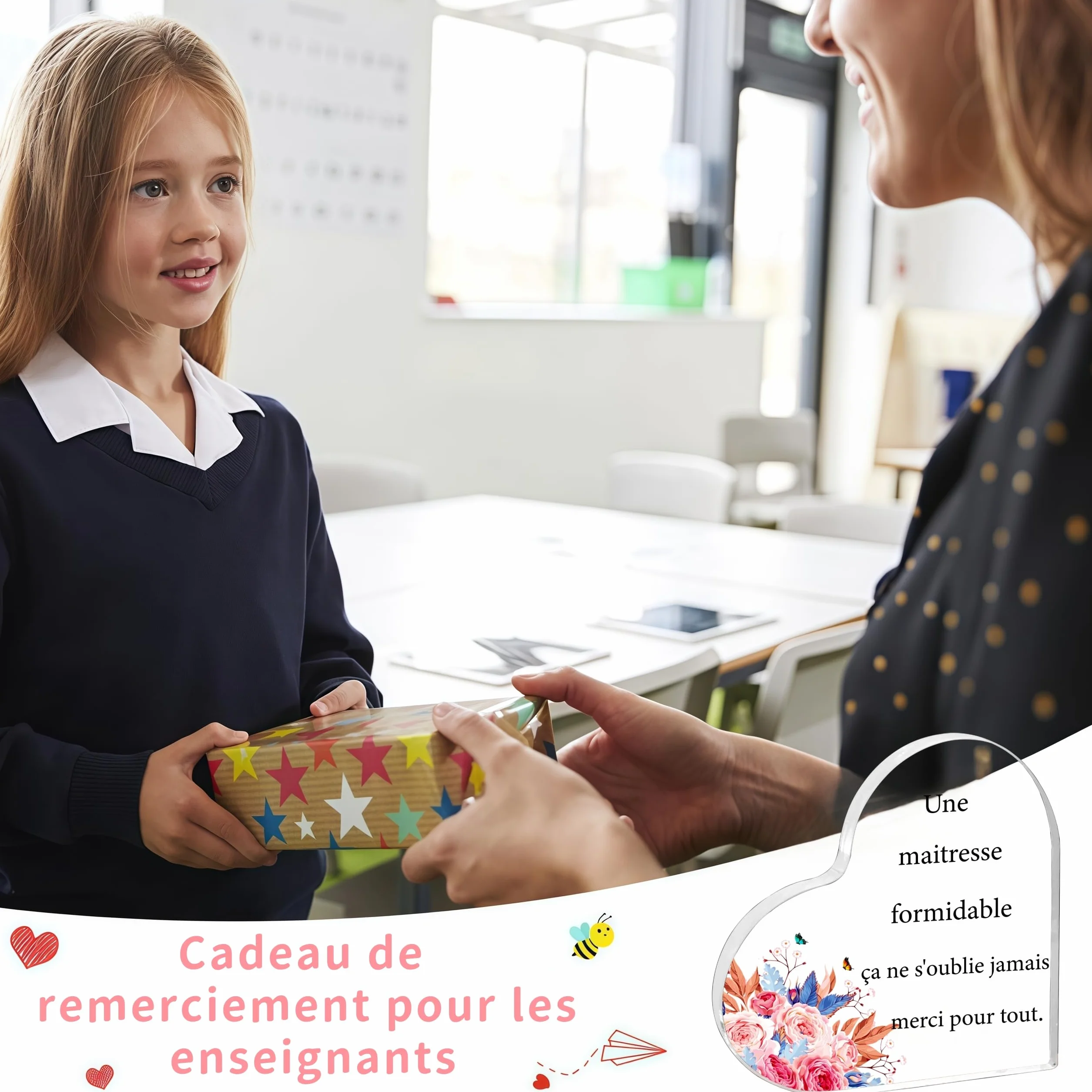 Cadeau Maitresse d'école Forme de Coeur Acrylique Ornements Merci Maitresse