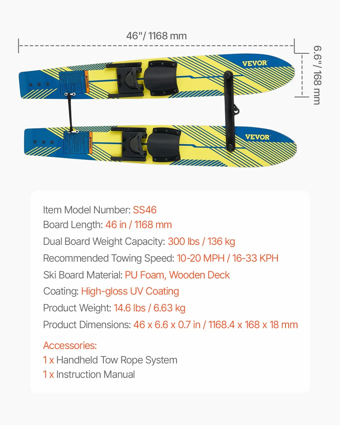VEVOR Combo Skis Nautiques 116,8 cm, Matériels de Ski Nautique avec Fixations Réglables X-7, Corde à Double Poignée et Barre Stabilisatrice Amovible, Ensemble d'Entraînement pour Sport sur l'eau