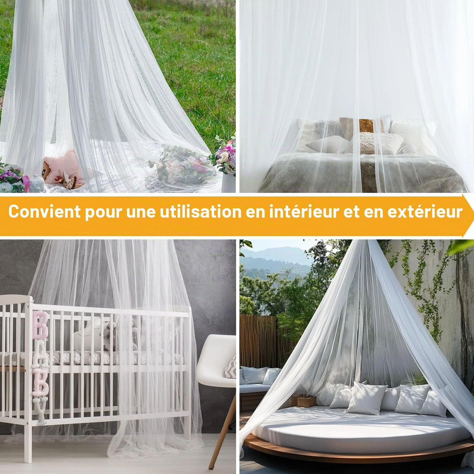 Twinkle Star Moustiquaire de voyage avec sac de voyage, corde de suspension, design ouvert, 2,2 m de haut, 12 m de circonférence, double lit simple, extérieur