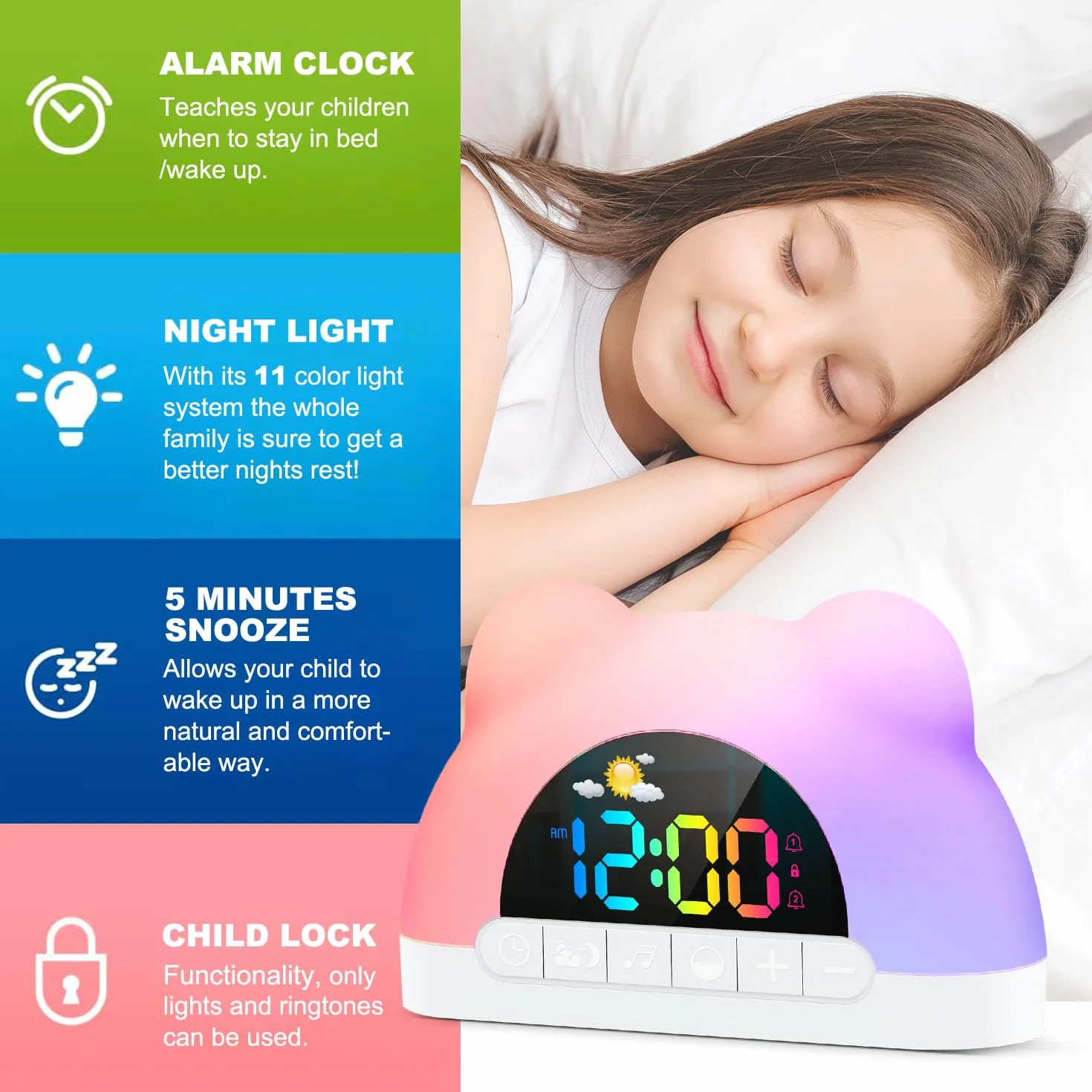Réveil Numérique Enfant avec Veilleuses RGB, Snooze, Câble USB