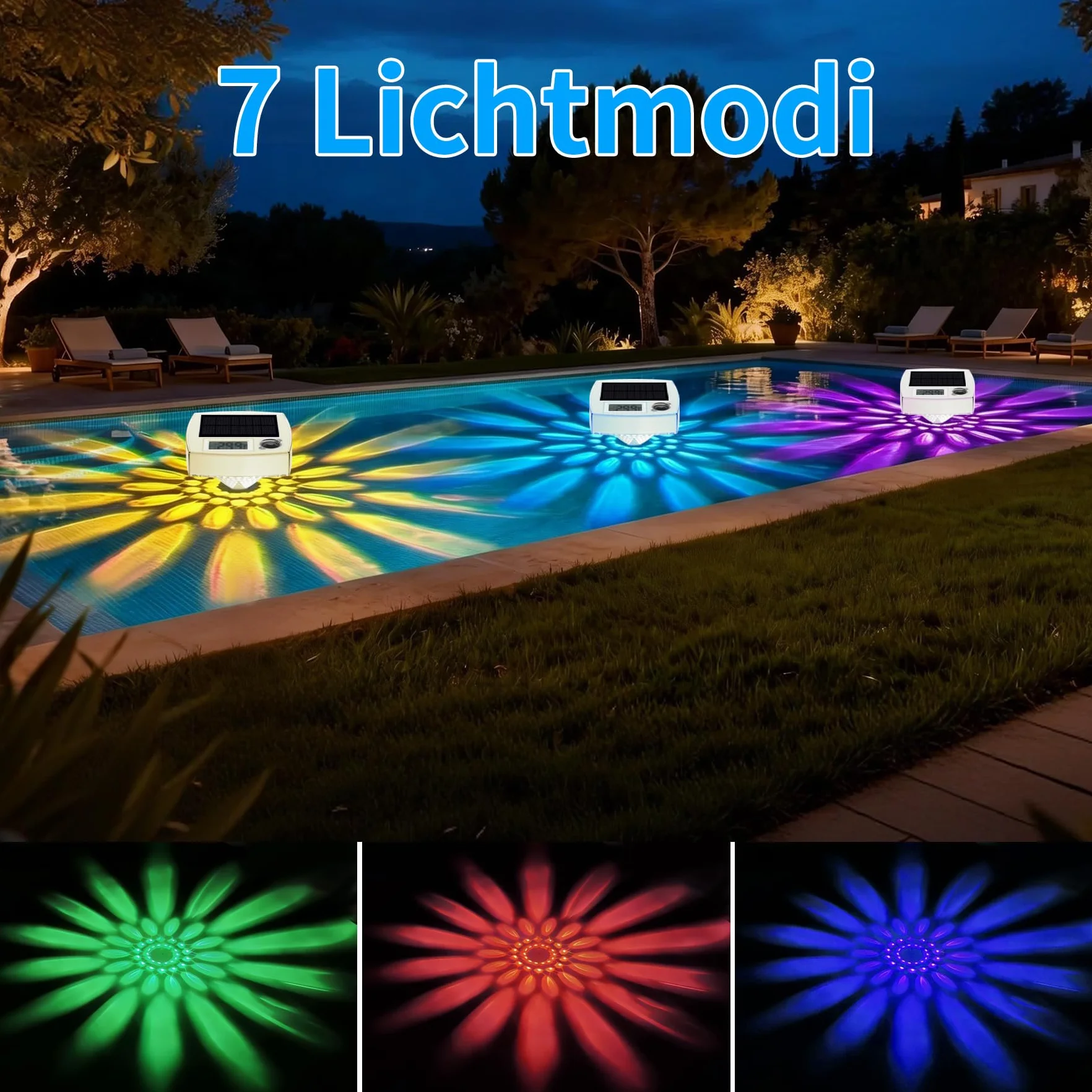 Thermomètre de piscine solaire numérique 2 en 1 avec éclairage LED RVB, grand écran LCD, étanche IP68