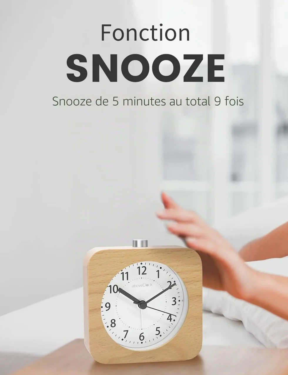 AboveClock Réveil Matin à Piles en Bois Silencieux Analogique de Voyage Lumineux Avec Fonction Snooze