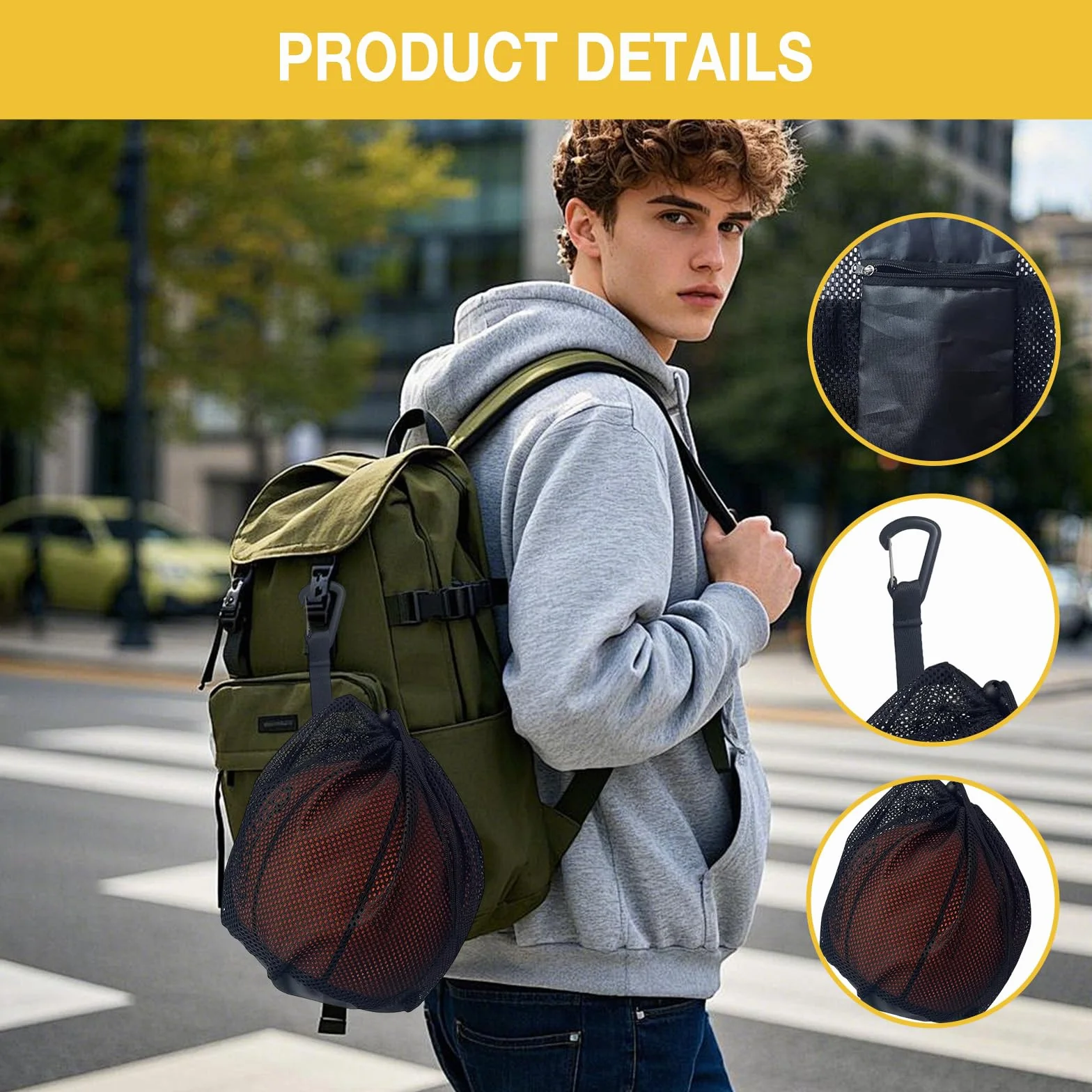 Sac de Basketball avec Filet à Ballon, Noir - Filet de Transport Portable pour Ballon de Foot et Pilates, Inclut Clip et Mousqueton