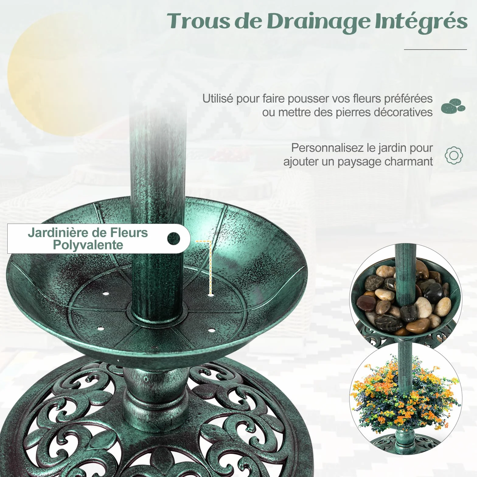 GOPLUS Mangeoire Oiseaux Extérieur Solaire, Bain d'oiseaux sur Pied avec 2 Lampes Solaire, 43x110cm, Vert